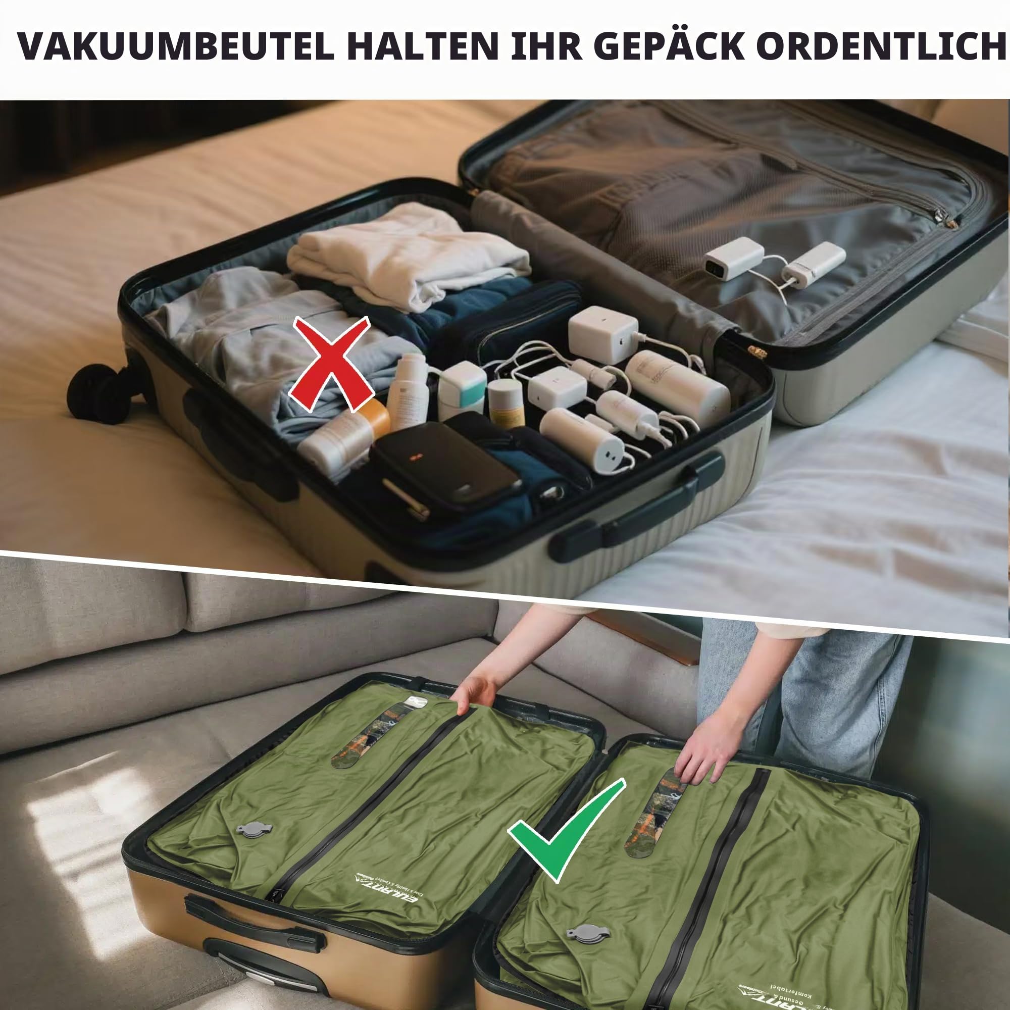 EULANT Wasserdicht Vakuumbeutel für Reisen mit Pumpe, Wiederverwendbare Kompressionsbeutel für Koffer/Gepäck/Rucksack, Vakuumversiegelungsbeutel mit IPX8 Luftdichtem Reißverschluss,Grün*3