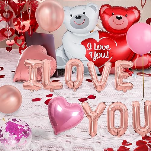 Miniatura 7 de GYIPFIPA Juego de globos para el día de la madre con globos en forma de corazón, globos de oso, globos rosas, pétalos de rosa, decoraciones de