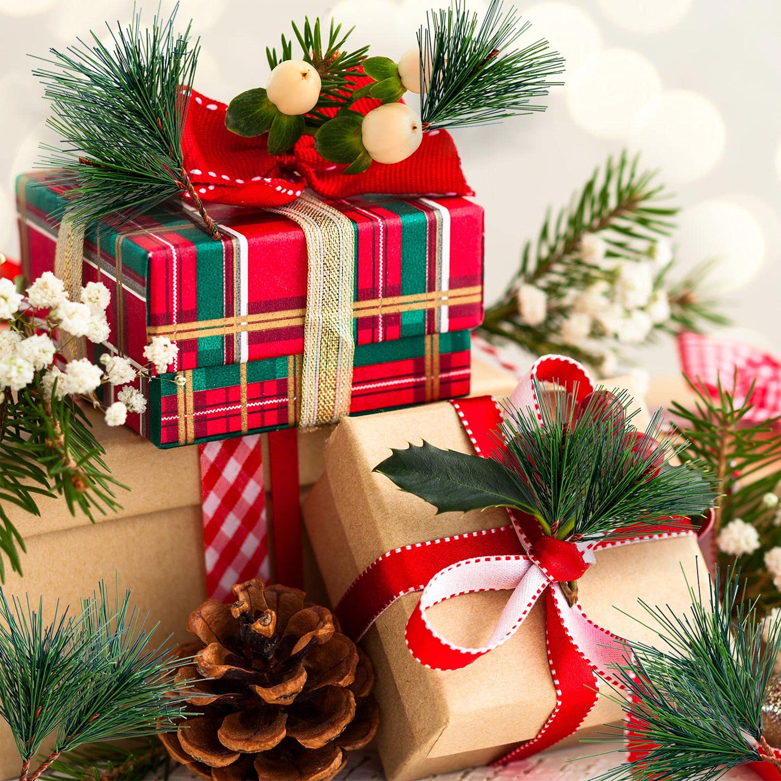 Künstliche Tannennadeln, Zweige, 9,9 x 7,9 cm, kleine Tannenzweige, Stiele für Grünpflanzen, Tannennadeln, künstliche Grüntannen-Picks für Weihnachten, Girlande, Kranz, Urlaub, Gartendekoration