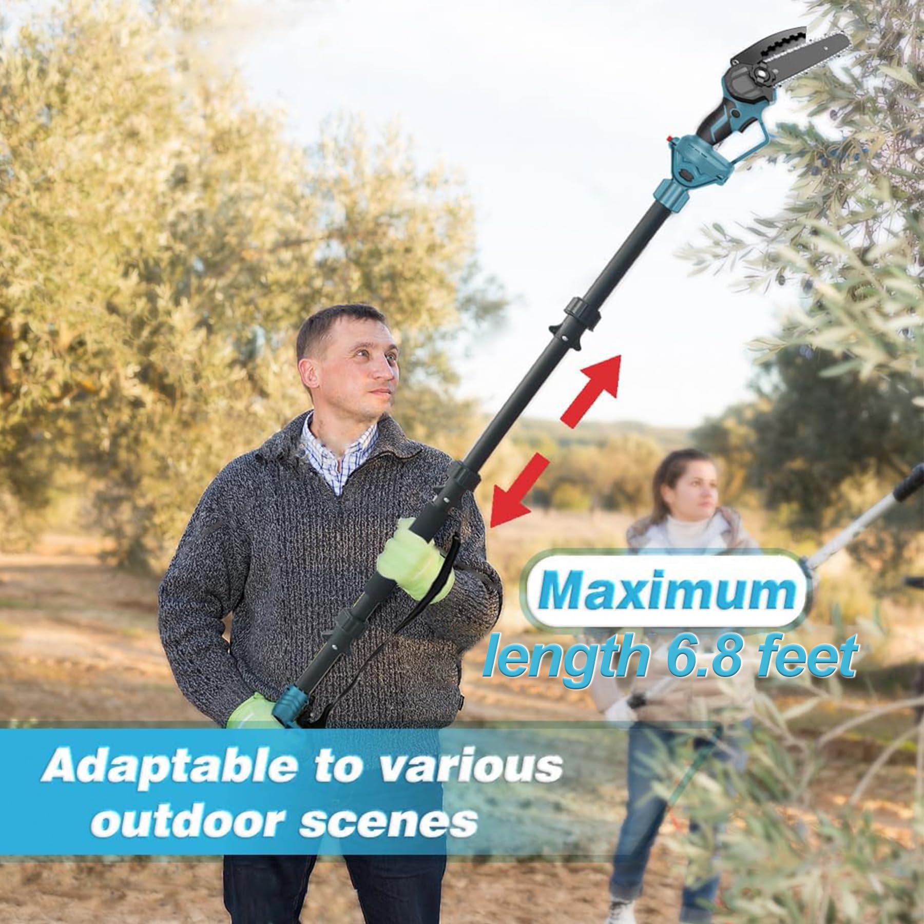 2-in-1 Akku Teleskop Hochentaster 6 Zoll & Mini Kettensäge,Arbeitshöhe bis 6.89 Fuß,mit Teleskop Elektro Hochentaster,Kompakte Hochentaster zum Baum- und Heckenschneiden