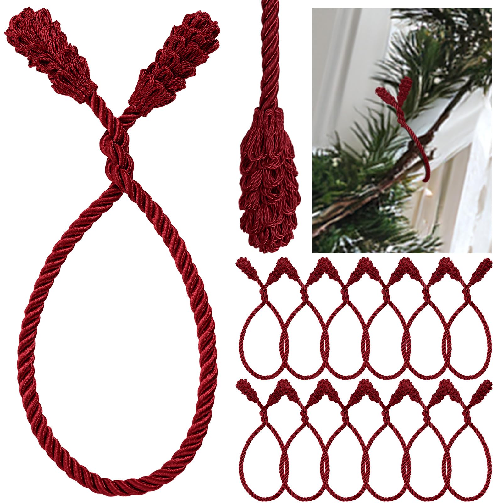 Shappy Red Wine 12 Pieces Christmas Garland Banister Ties Christmas Decorative Reusable And Flexible Twist Ties For Garland, Banister Home Decoration (Red Wine)