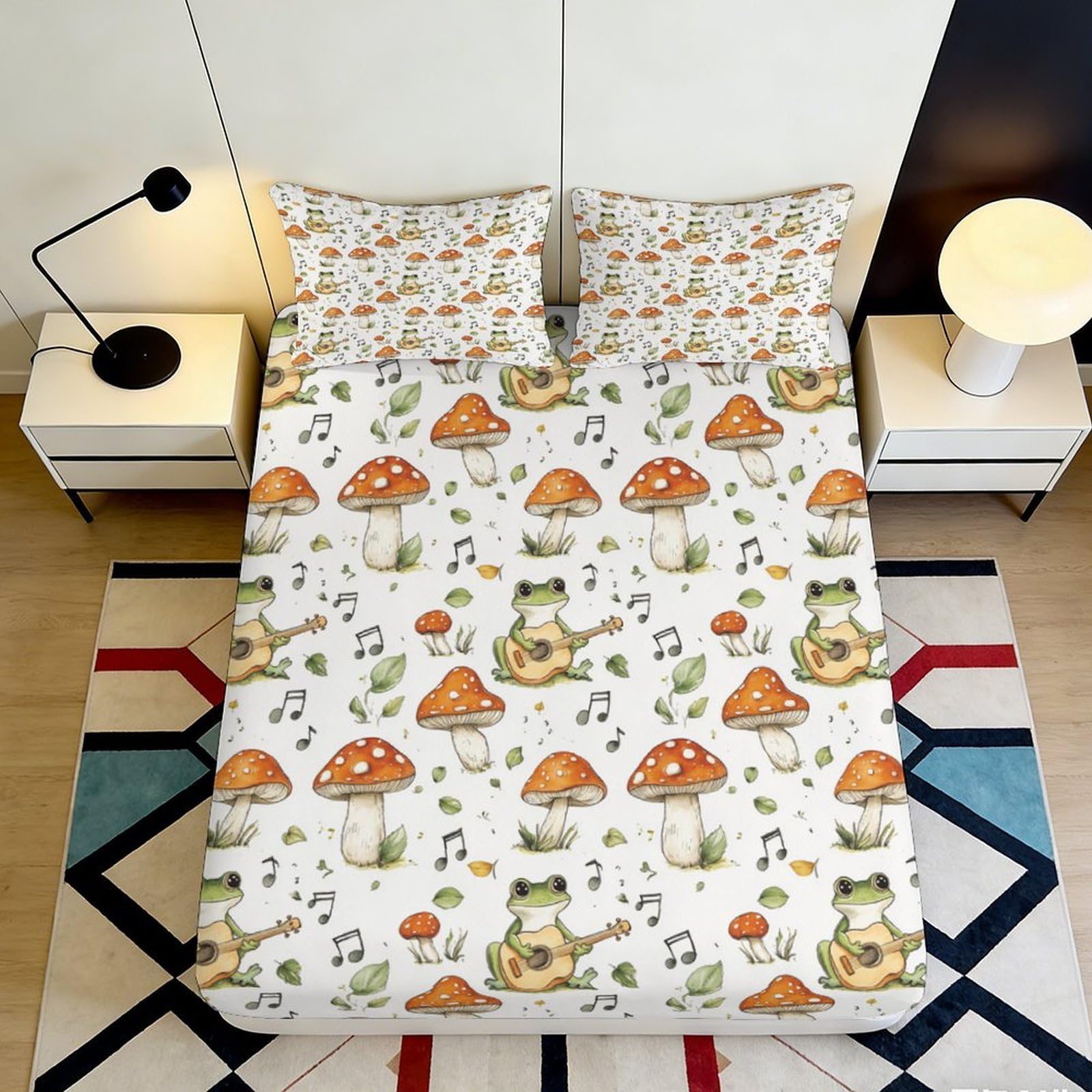 3D Printed Frog Guitar Fitted Sheet Microfiber Mushroom Mattress Cover Slip Resistant Washable Bedroom Decor 120x200cm 90x200x25cm