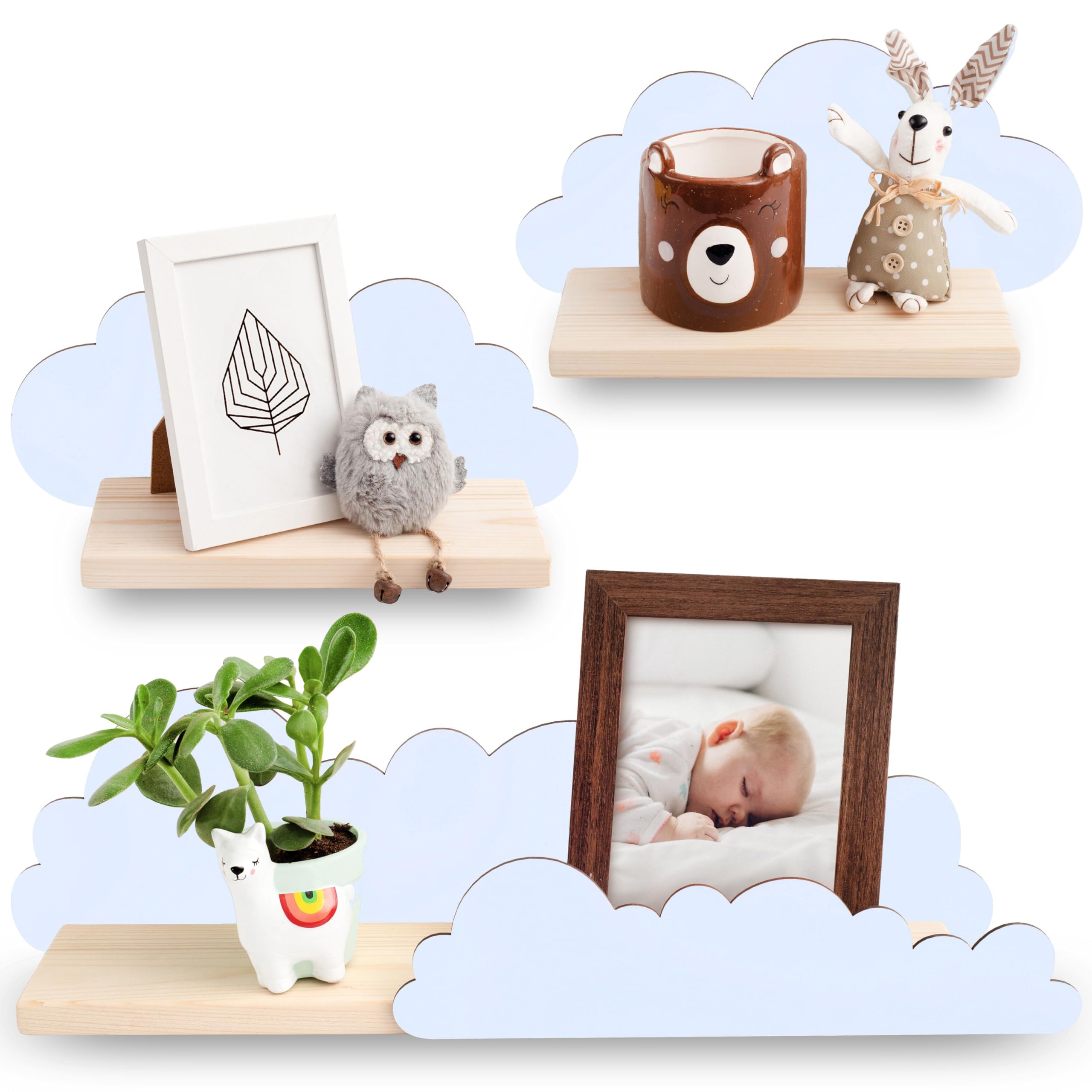 Outentin Wandregal Wolke aus Holz – 3er Set Kinderregal für Kinderzimmer & Babyzimmer – Handgefertigtes Holzregal aus Kiefer – Wandaufbewahrung & Deko für Spielzimmer, Bücher & Spielzeug - Blau
