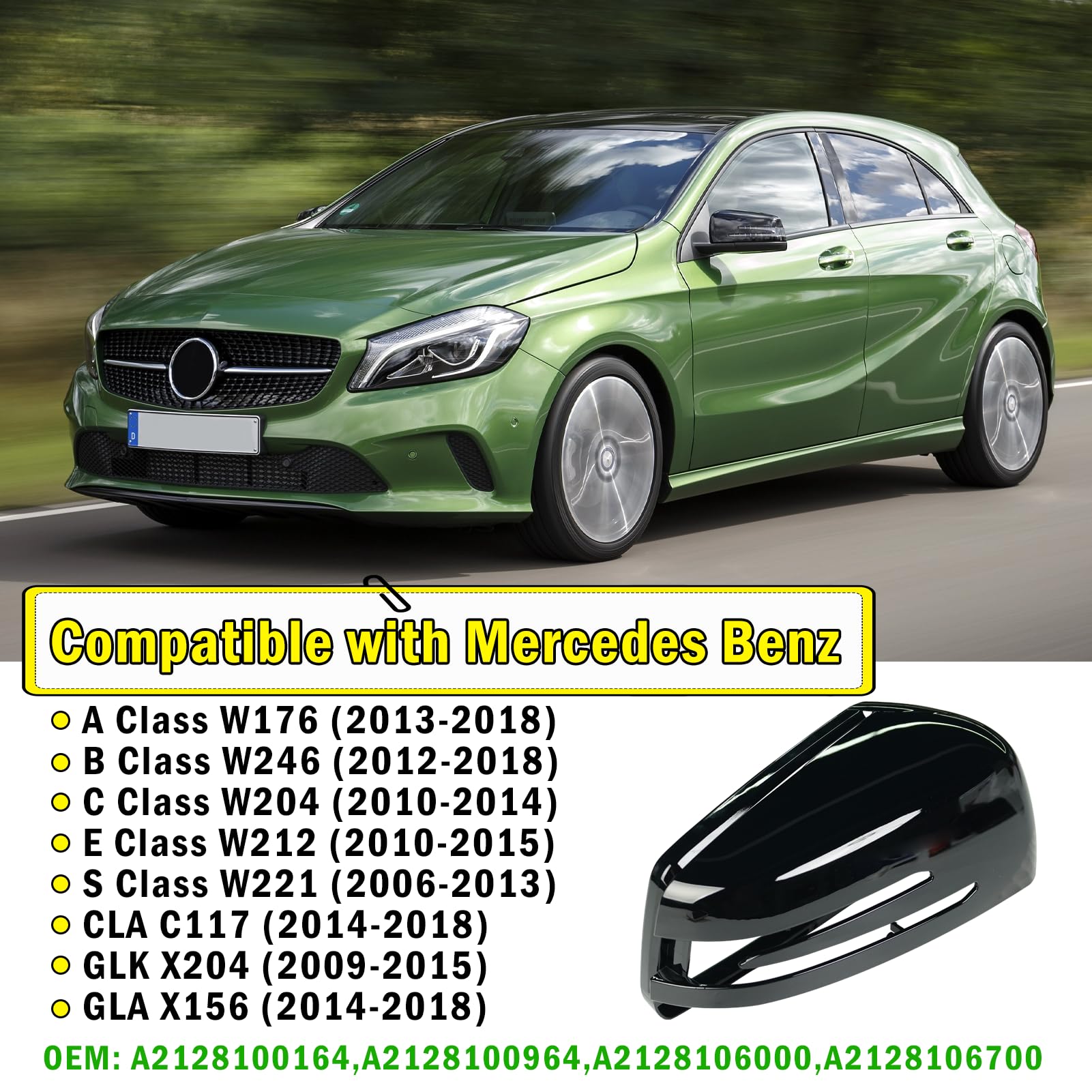 TTCR-II 2PCS Compatibile con Calotte Specchietti Mercedes Benz A B C E S CLA GLA GLK, Sinistro+Destro Copri Specchietto W176 W246 W204 W212 W221 C117 X204 X156 Tappi Specchietti Mirror Cover-Nero
