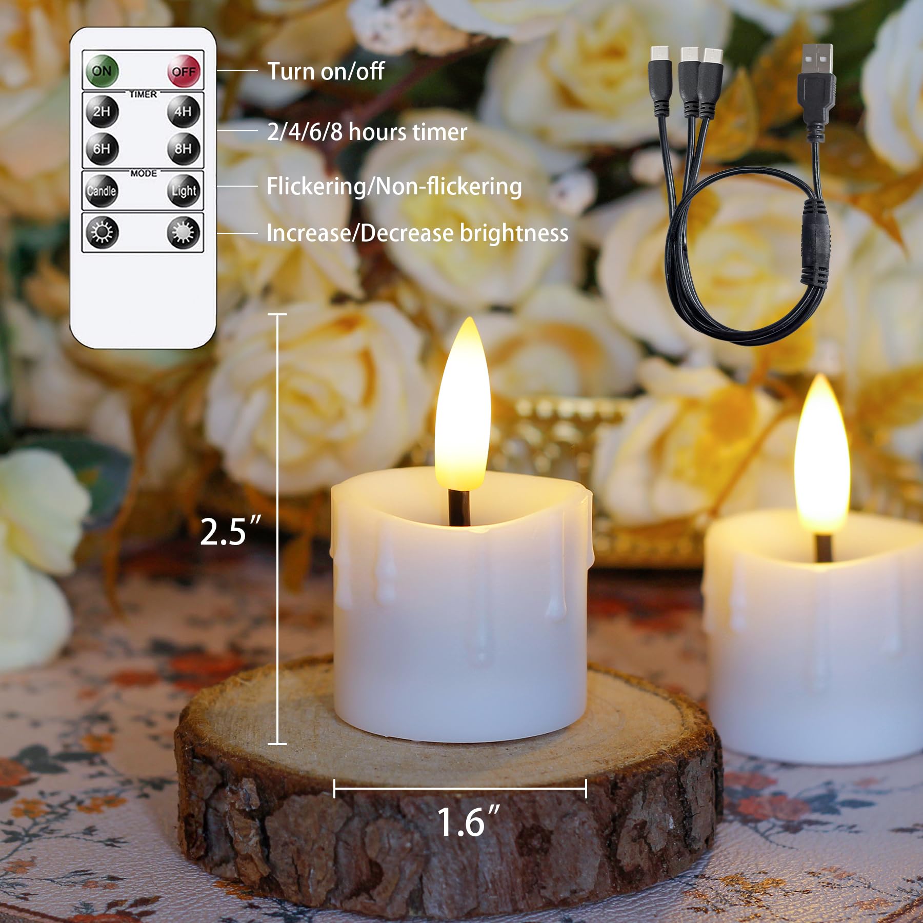 Yeelida Rechargeable Flameless 4cm x6.5cm Tea Light LED Candles with Remote & Type-C Charging Cable - Image 3