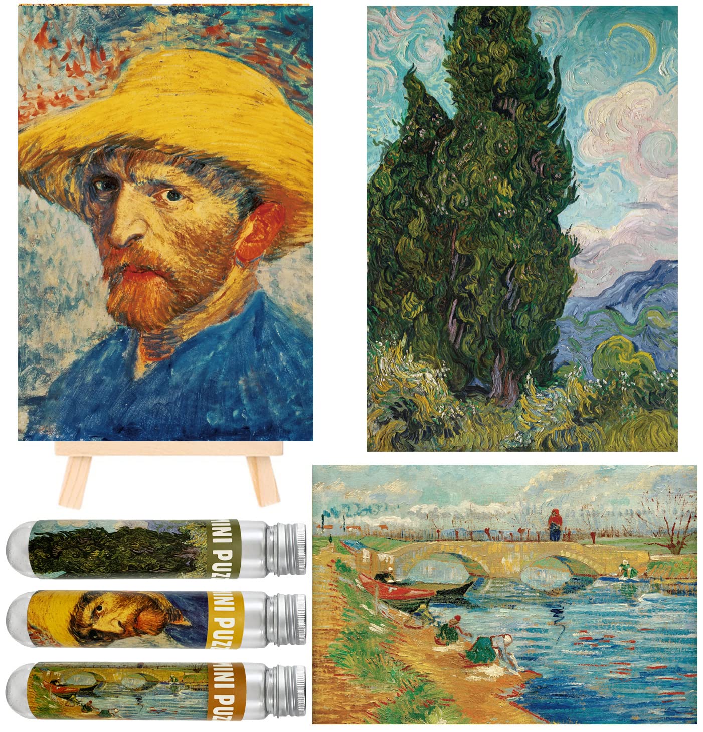 Small Jigsaw Puzzles for Adults 150 Pieces Mini Puzzles Oil Painting 6 x 4 Inches,3 Pcs,Easel Included(Cypresses,Van Gogh SelfPortrait,Gleize Bridge)