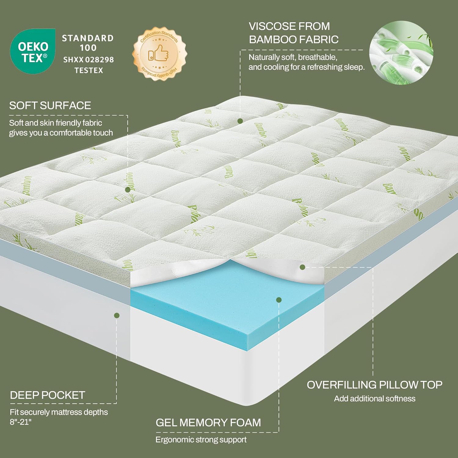 Twin Mattress Topper, Dual Layer 4 Inch (2" Gel Memory Foam + 2" Pillow Top Cover), Bamboo Viscose 2-in-1 Mattress Pad Overfilled with Down Alternative, 8-18 Inch Deep Pocket， Twin