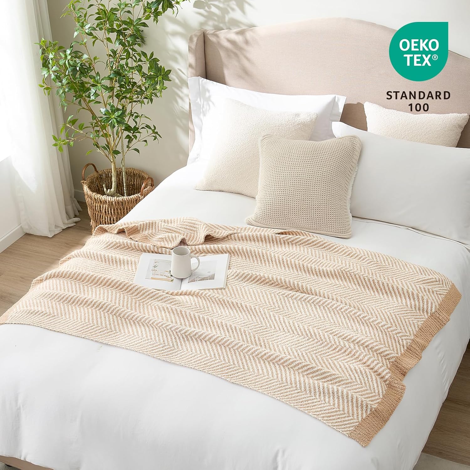 Snuggle Sac Herringbone Throw Blanket for Couch, Reversible Super Soft Warm Blankets Cozy Knit Fuzzy Plush Lightweight Throws for Sofa, Bed, Camping, Beige, 50x60 inches - Image 4