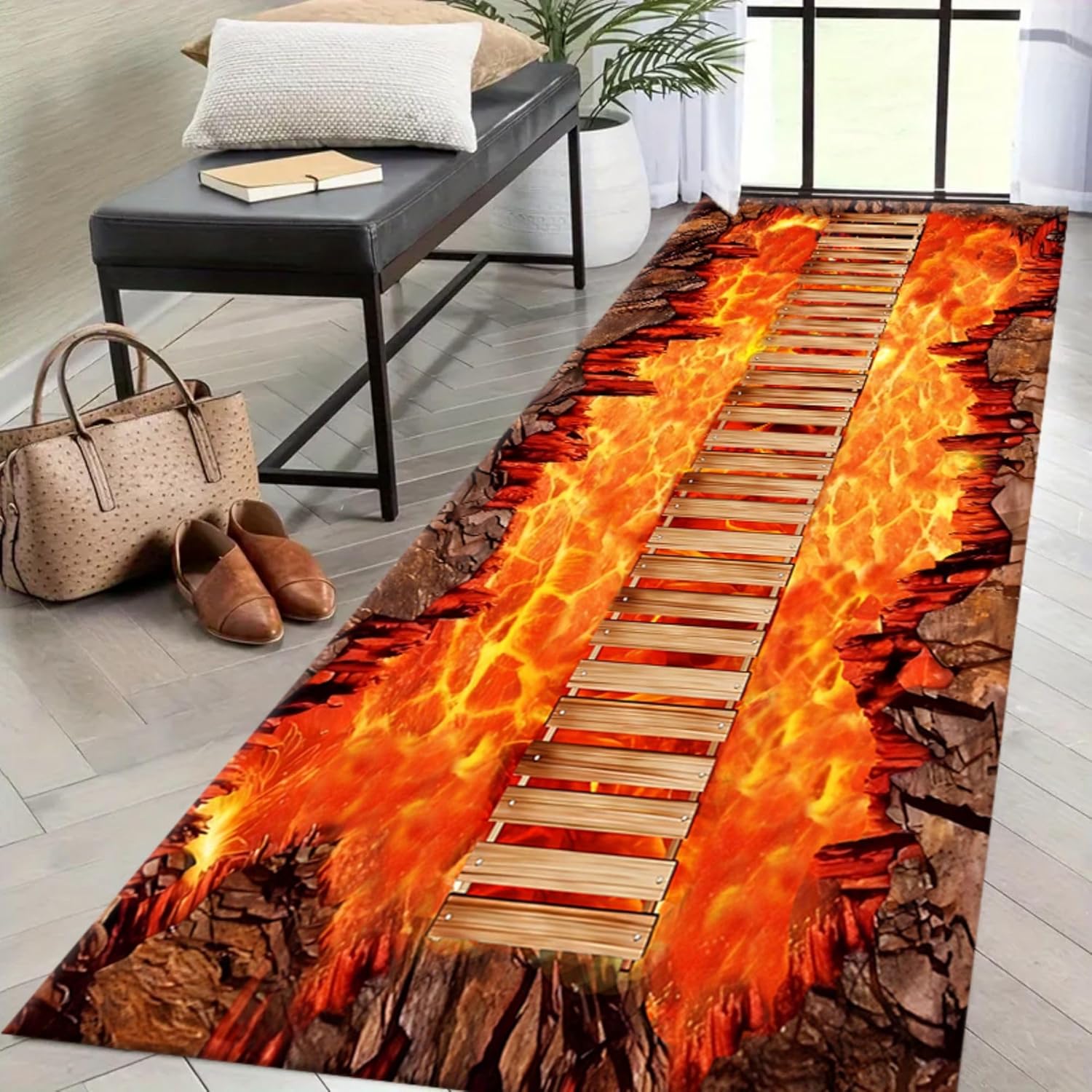 3D Optical Illusion Flame Runner Rug for Hallway 1.3x7ft,Abstract Lava Kitchen Rugs Non Slip Washable,Retro Rock Cracks Suspension Bridge Long Bathroom Rug Laundry Room Runner Rug