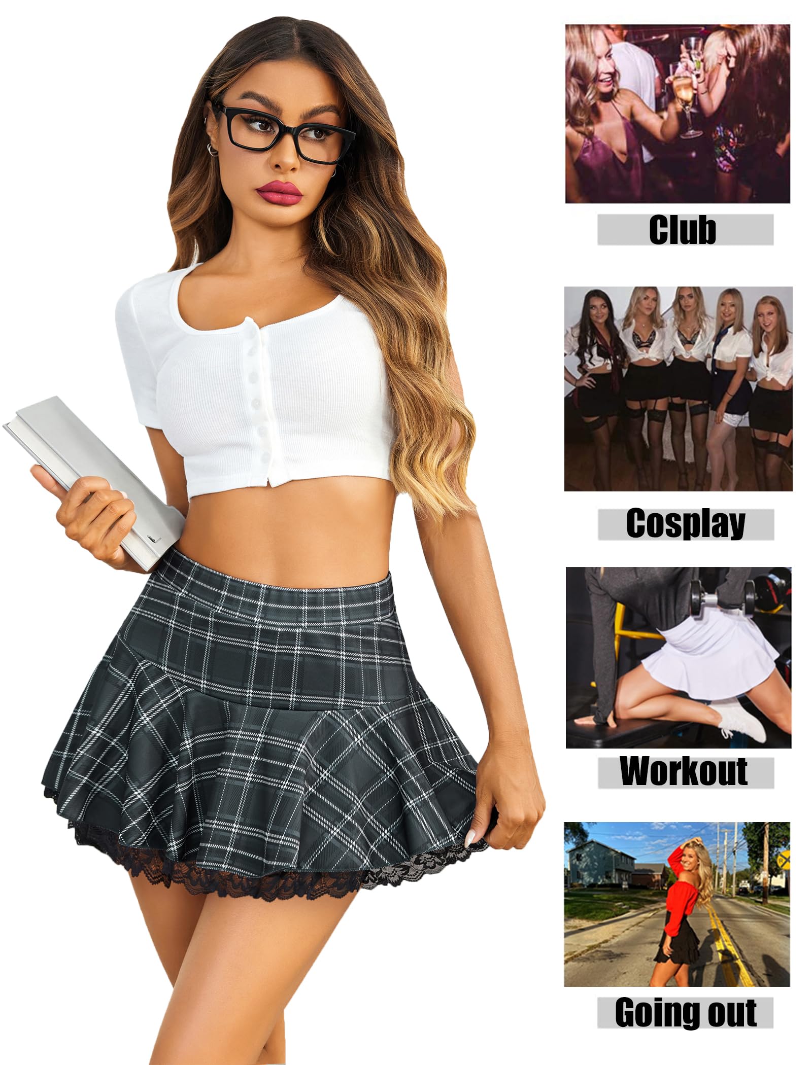 Avidlove Women Pleated Mini Skirt Sexy Lace Ruffle Solid Skirt Lingerie Short Skirts: Gray Plaid Small