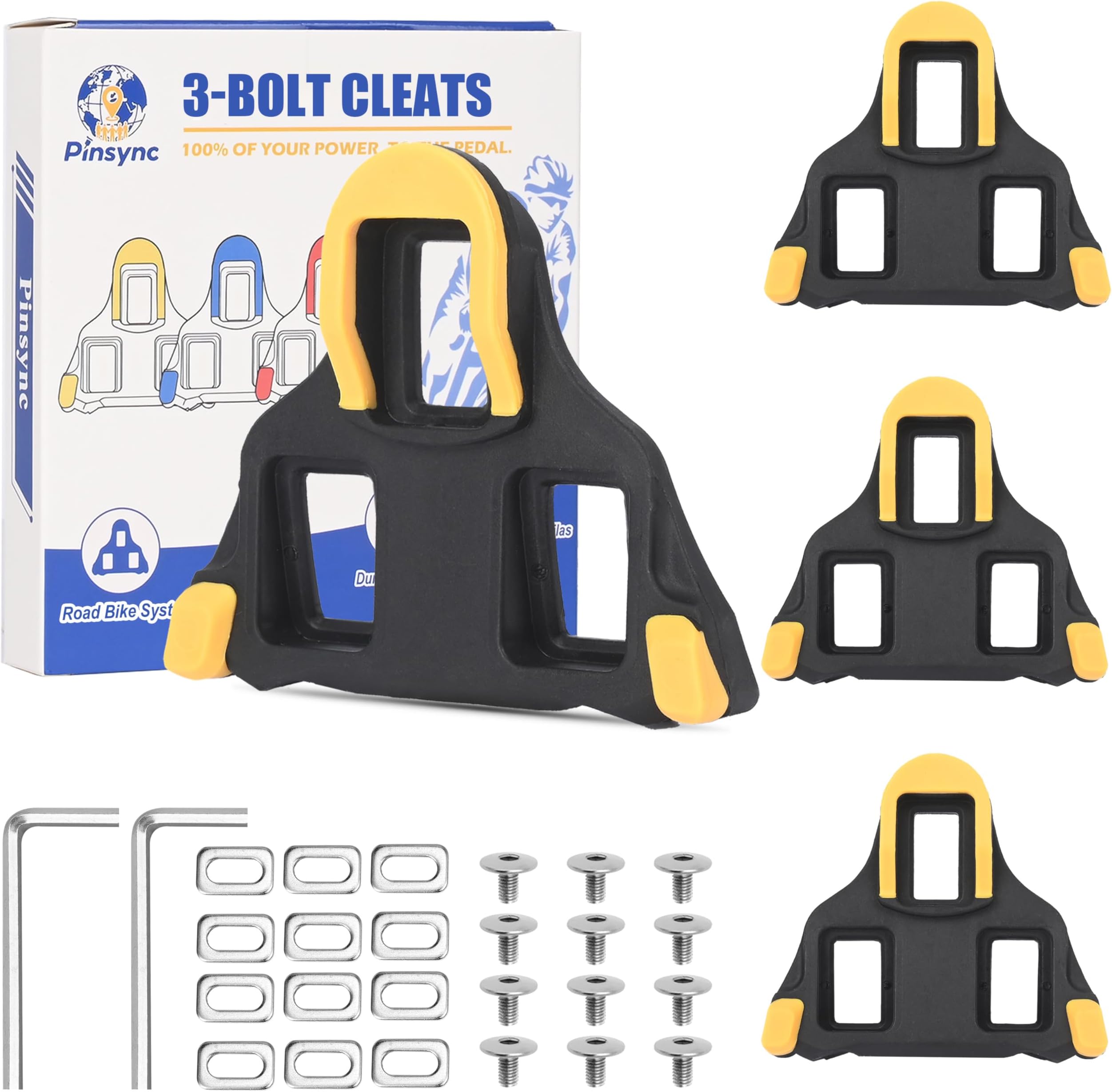 Road Bike Cleat Sets, 6° Float - Compatible with Clipless Pedals, Easy Clip in & Out, Durable Cleats for 3-Bolt Cycling Shoes