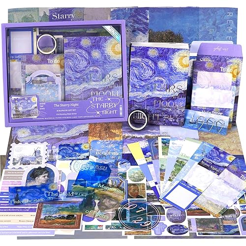 Funto Scrapbooking Kit(116 PCS), Oil Painting Series-The Starry Night, Perfect for Bullet Scrapbooking Materials, Planner DIY Arts Craft Collage