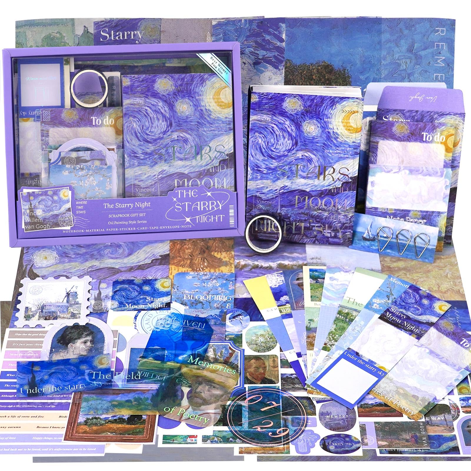 Funto Scrapbooking Kit(116 PCS), Oil Painting Series-The Starry Night, Perfect for Bullet Scrapbooking Materials, Planner DIY Arts Craft Collage