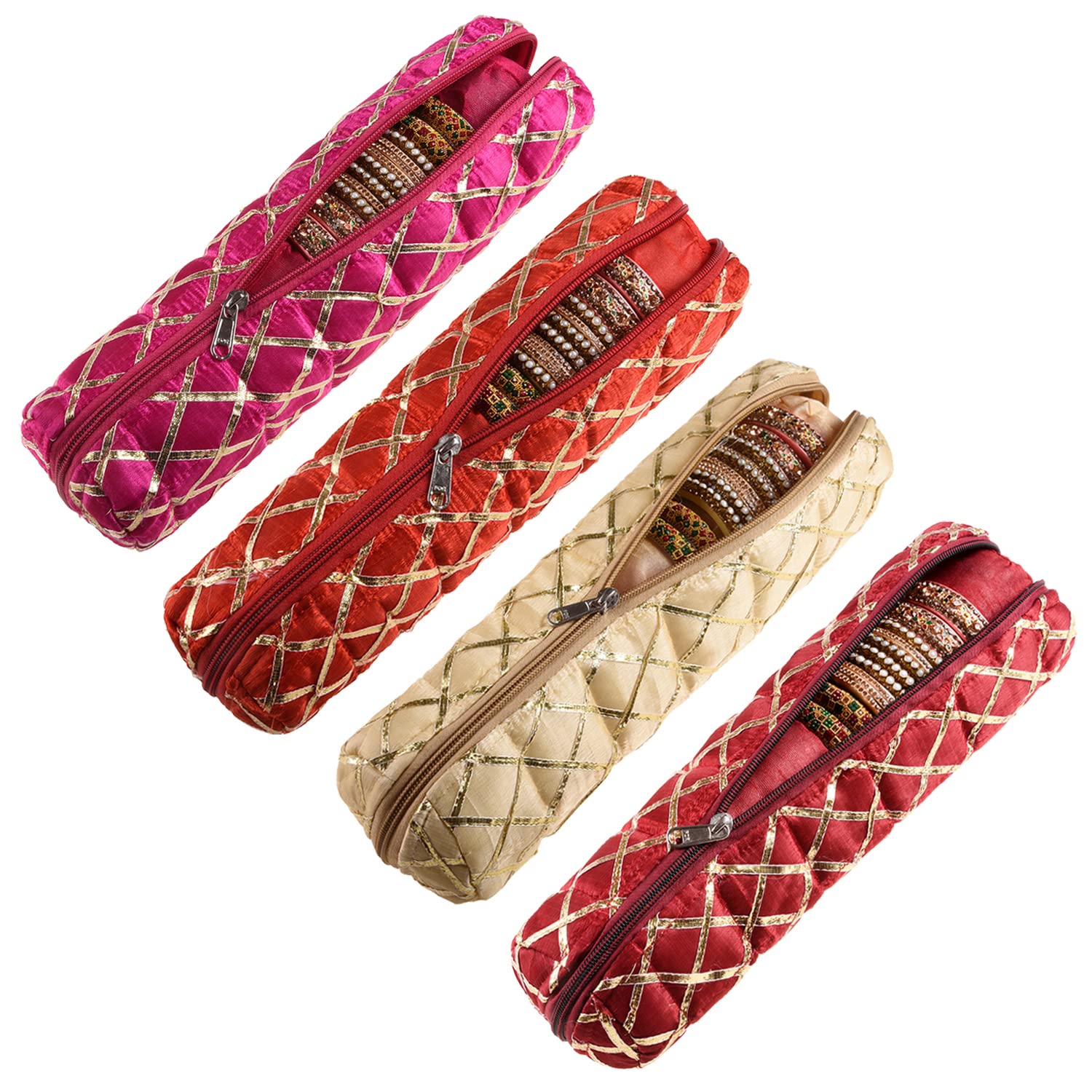 Kuber Industries Single Rod Bangle Box | Polyester Gota Check Design Watch Organizer | Travelling Bracelets Organizer with Zipper | Pack of 4 | Multicolor (B0BZ49C6BW) Amazon Price History, Amazon Price Tracker