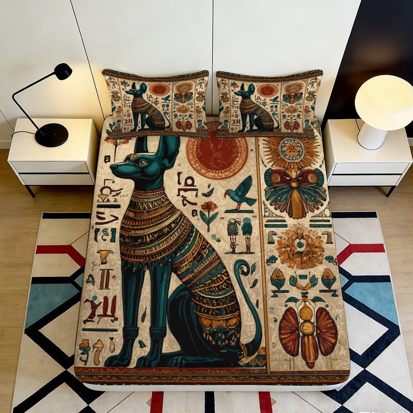 3D Printed Egyptian Cat Fitted Sheet Microfiber Ancient Hieroglyph Mattress Cover for Bedroom Dorm Decor 90x200x25cm