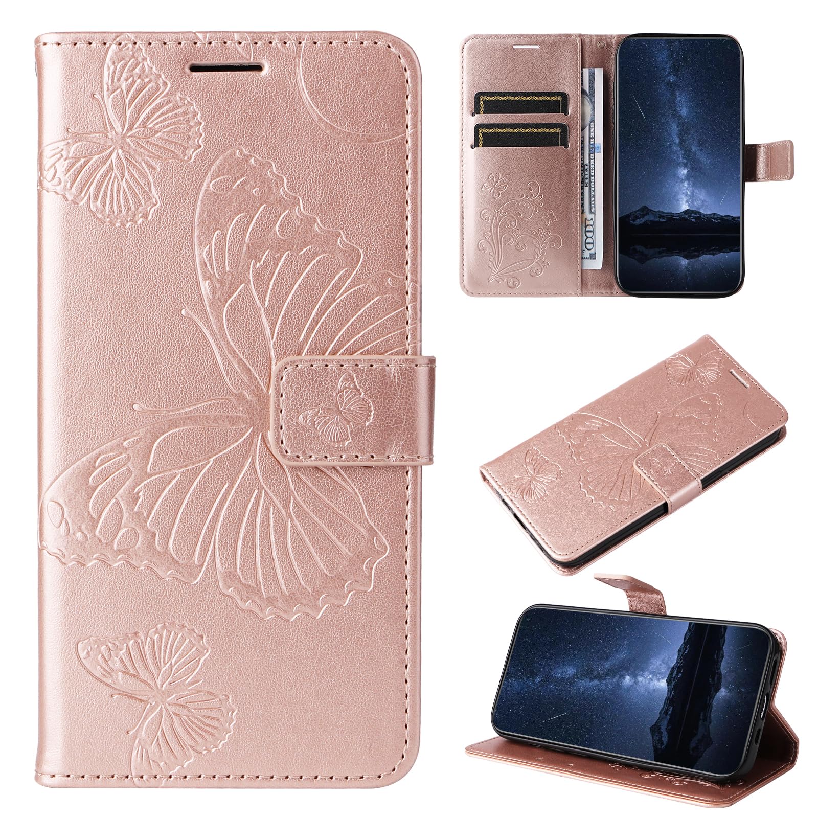 Google Pixel 8 Case, Butterfly Printed PU Leather Magnetic Wallet Case, Flip Case for Google Pixel 8, Rose Gold - 1