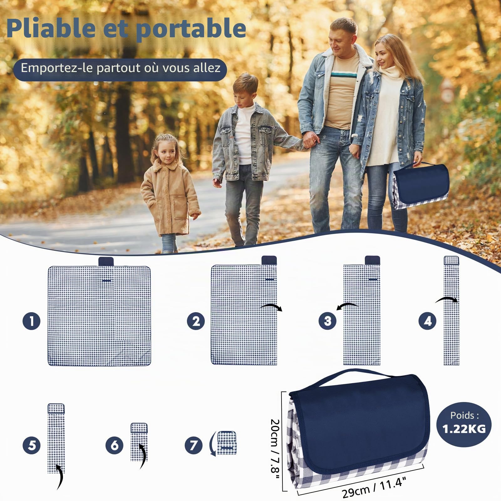 Grande couverture de pique-nique imperméable, 200 x 200 cm, résistante au sable, lavable en machine, avec poignée de transport, pour camping, plage, pique-nique en famille, motif écossais bleu