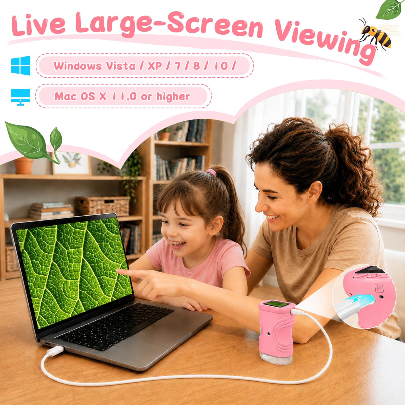 Microscopio para Niños 1000X, Microscopio Digital Portátil con Pantalla IPS de 2 Pulgadas, 8 LED Ajustables, Función Foto y Video, Juguete Educativo para Niños y Niñas (Rosa)