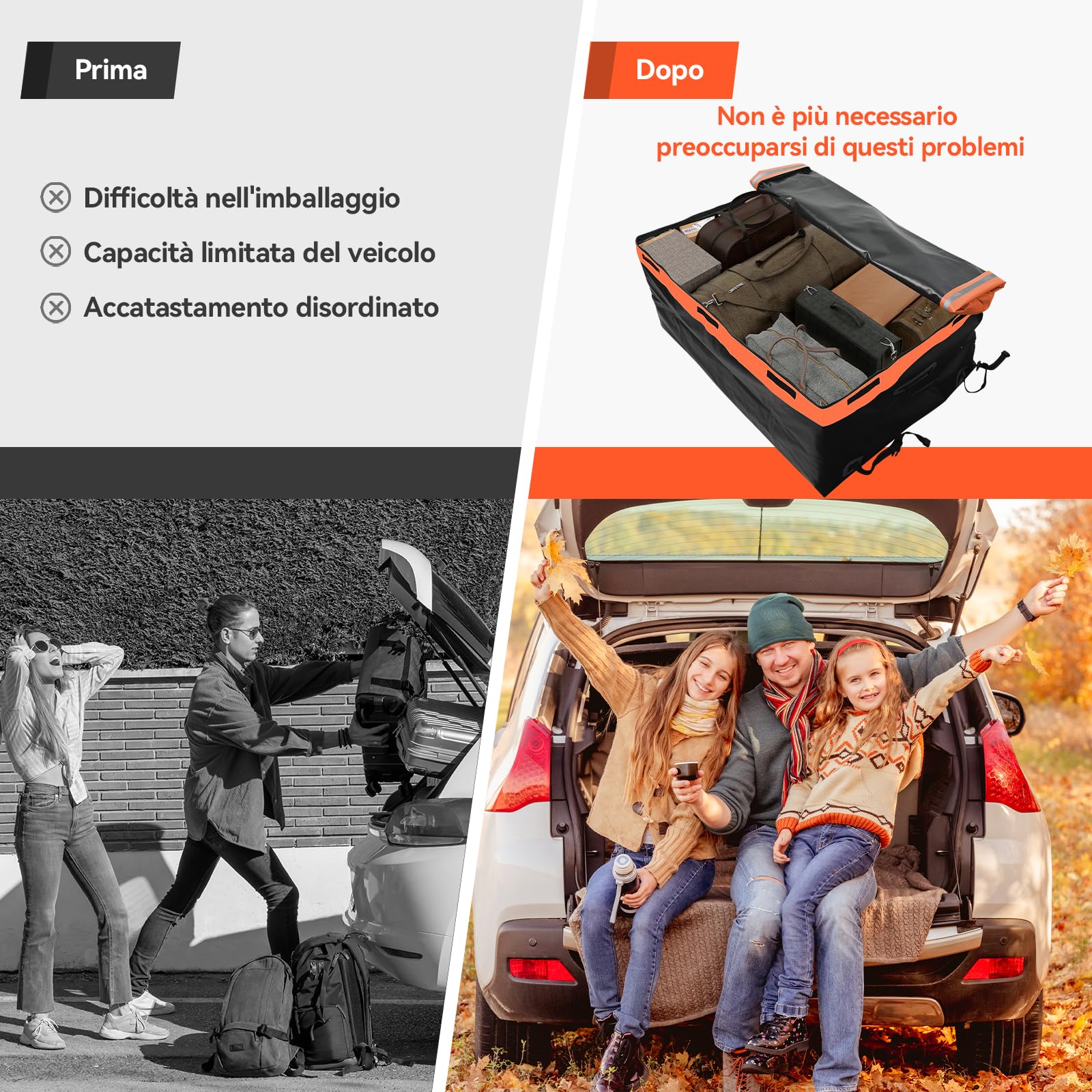 YU YUSING Box da Tetto Auto 600 L, Borsa da Tetto Pieghevole e Impermeabile, Baule Auto Tetto in PVC 500D, 8 Ganci e 8 Cinghie di Rinforzo, Compatibile con/senza Portapacchi, Arancione