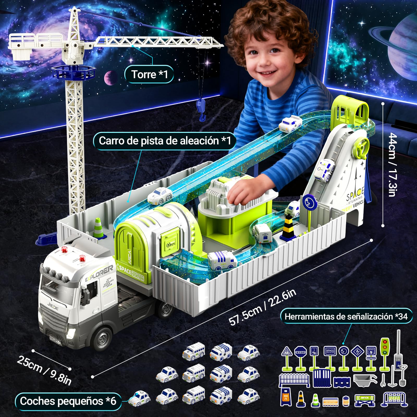 JONRRYIN Construcción Camión Niños, Vehículos Transportador Juguete con Pista de Coches, Grúa, Eyección Pista y 12 Mini Camións, Camión de Aleación Grande Regalo para Niños 3+ Años