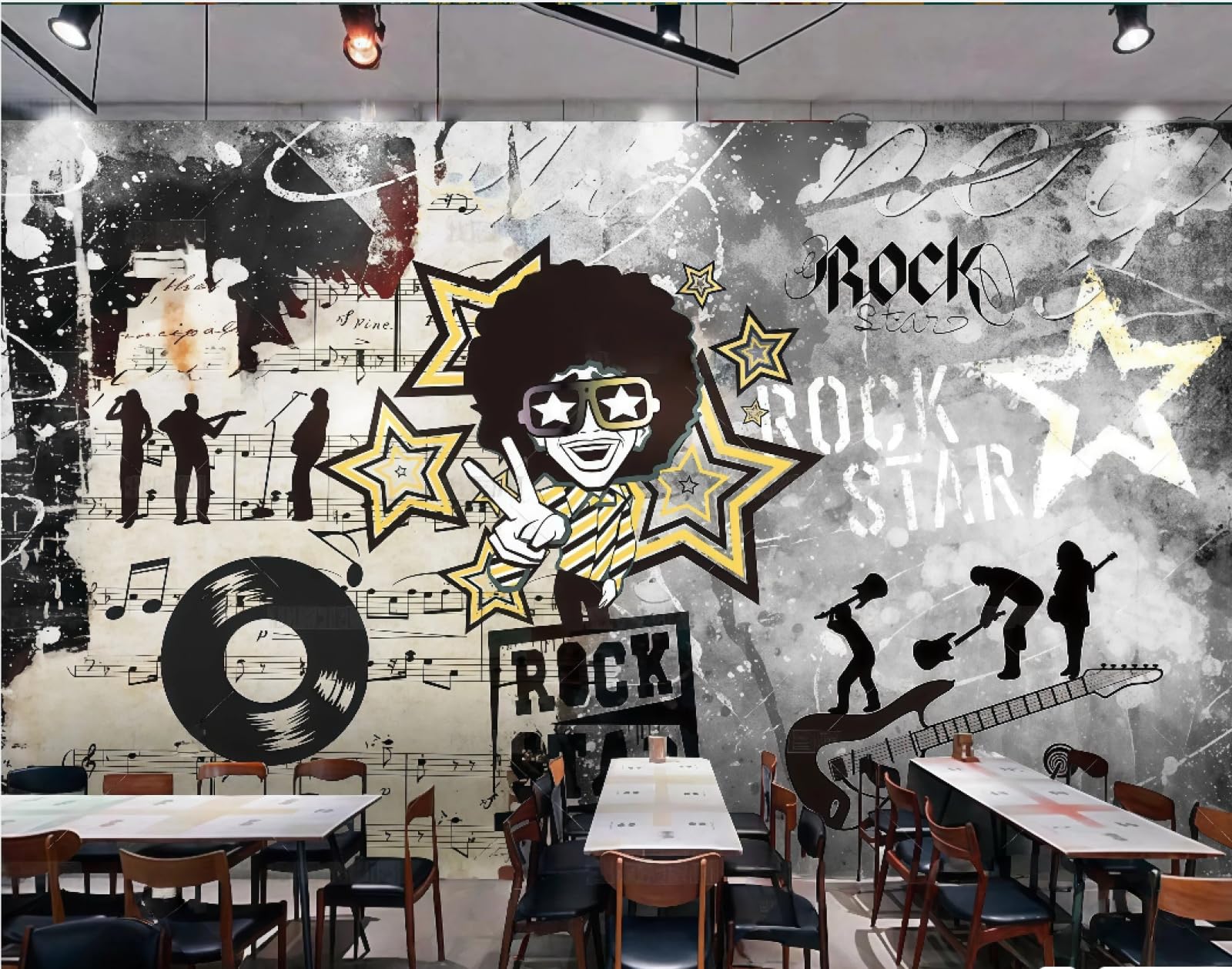Ręcznie malowana tapeta, hip-hop, muzyka rockowa, motyw, popołudniowa herbata, napoje, bar przekąskowy, tło ścienne, tapeta z zachodniej restauracji, fototapeta do kawiarni, 3D, 250 x 175 cm