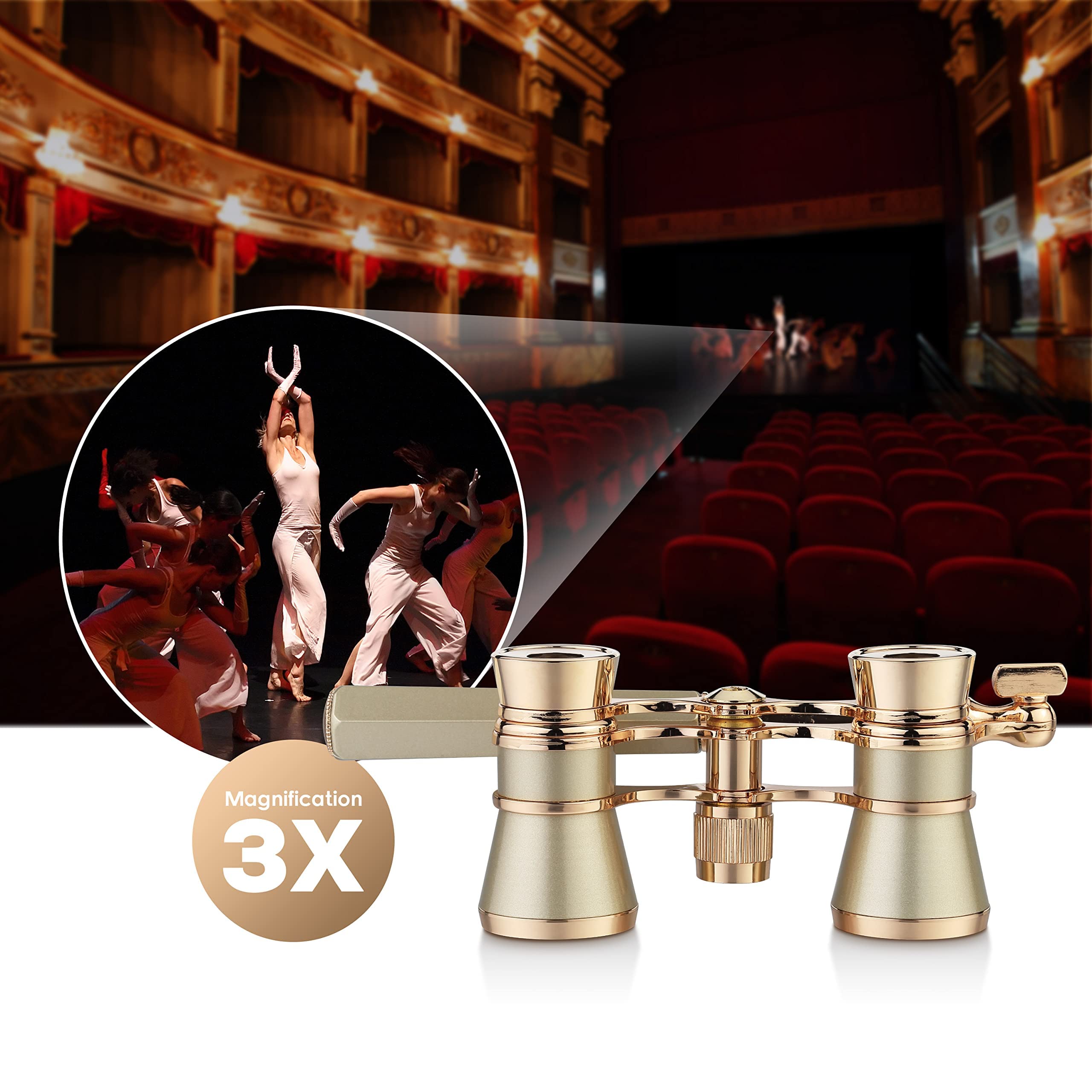 Aomekie Binocolo da Teatro Pieghevole 3X25 Teatro Occhiali con Manico Pieghevole Estendibile Incorporato per Concerto Spettacolo Turismo(d'oro)