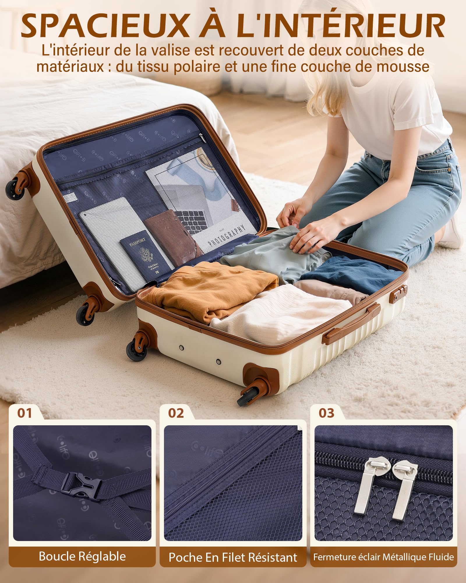COOLIFE Set de 6 Valises de Voyage Rigide avec Sac de Voyage Extensible pour Sport et Trousse de Toilette, Set Valise Sets de Bagages Serrure en Famille TSA et roulettes Pivotantes à 360°
