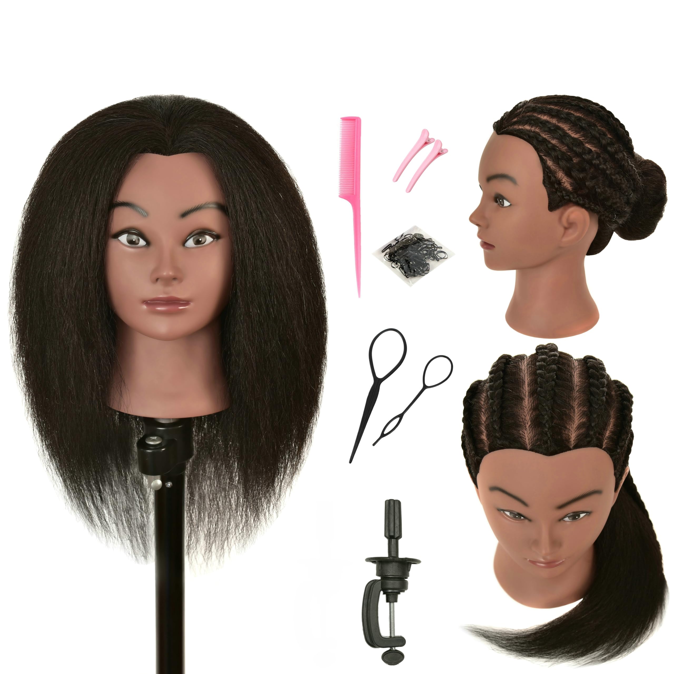 RIHANNAHAIR 100% Real Human Hair Mannequin Head Manikin Doll Style Head with Stand for Braiding Styling Practice Cosmetology Barber Training Display