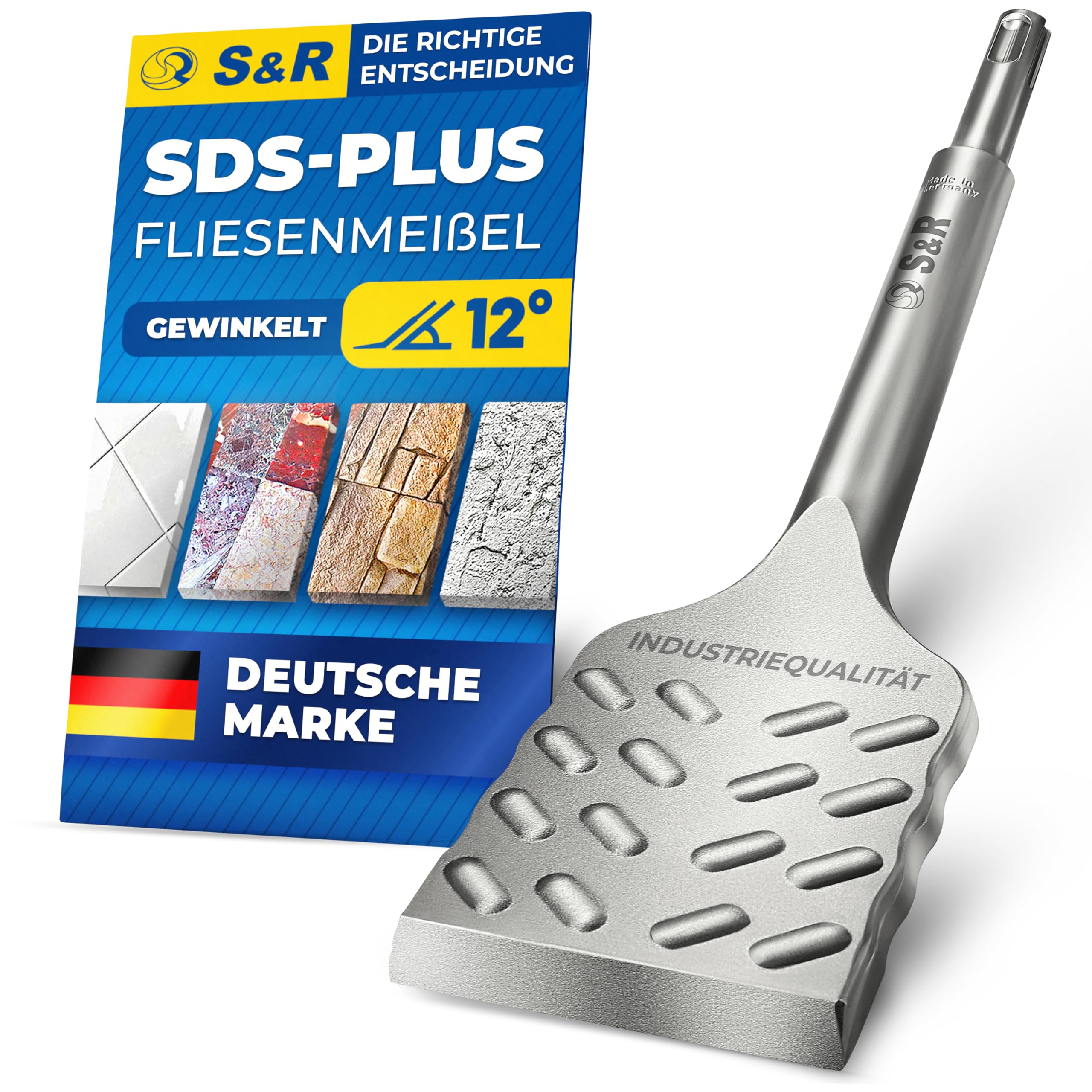 S&R Hochleistungs - Fliesenmeißel SDS plus 250 mm x 50 mm abgewinkelt, Meißel in Industrie-Qualität Made in Germany, optimierte Geometrie für Fliesen und Fliesenkleber, gehärtet, breit, Thunder