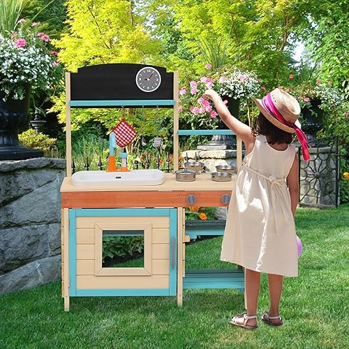 Miniatura 7 de Cocina de juego para niños, juego de cocina de madera para niños a partir de 3 años con luces realistas, sonidos, fregadero y accesorios, juguetes