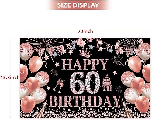 Miniatura 2 de Fondo de cumpleaños número 60, decoración de fondo de cumpleaños de oro rosa 60 para mujer, 5.9 x 3.6 pies, fabuloso cartel de cumpleaños,