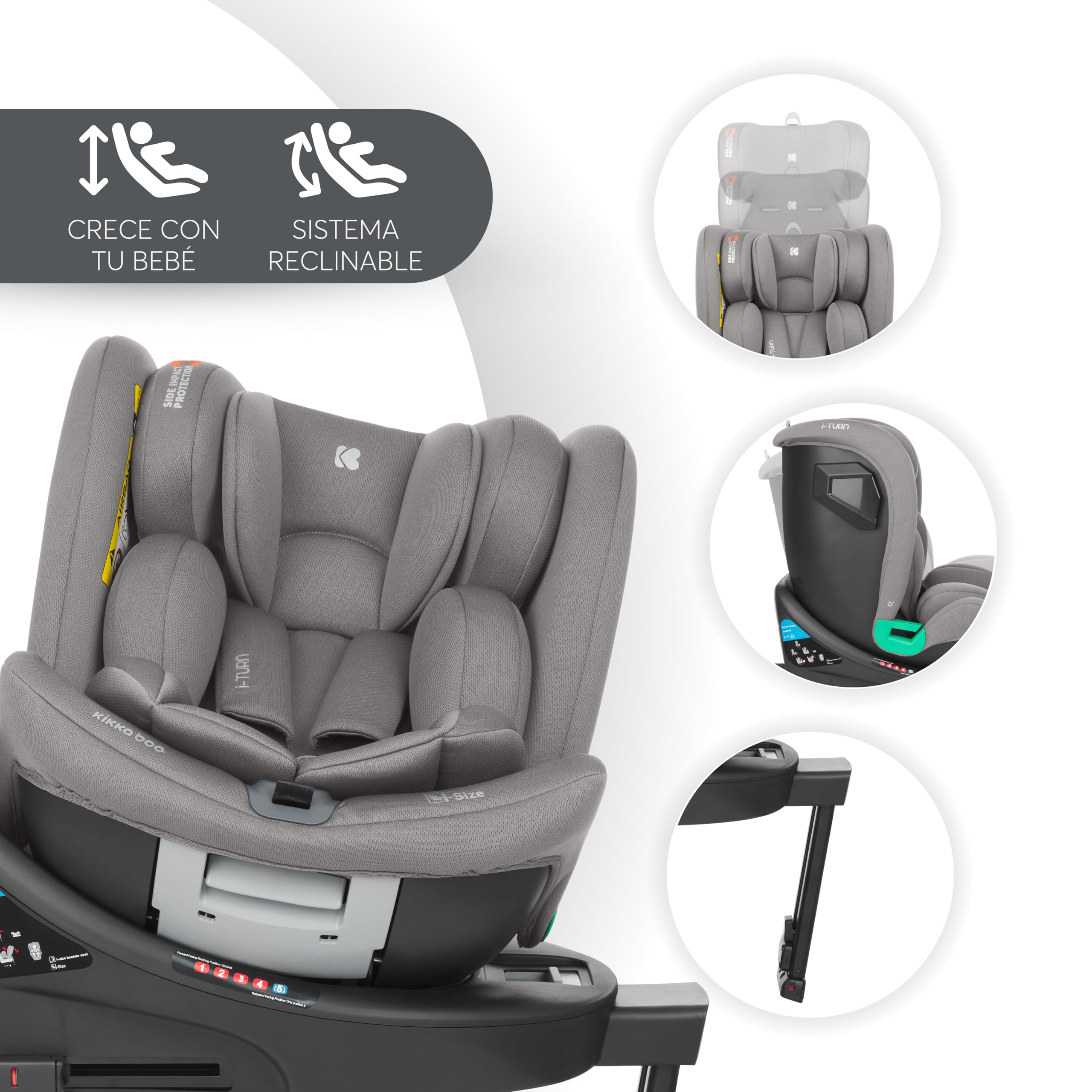 KikkaBoo Silla de Coche i-Size i-TURN, 40-150 cm, Silla Coche Bebé Grupo 0 1 2 3 ISOFIX, de 0 a 12 años, Giratoria 360°, 12 Posiciones Reposacabezas, Sistema SPS, Cojín Reductor, Gris Claro