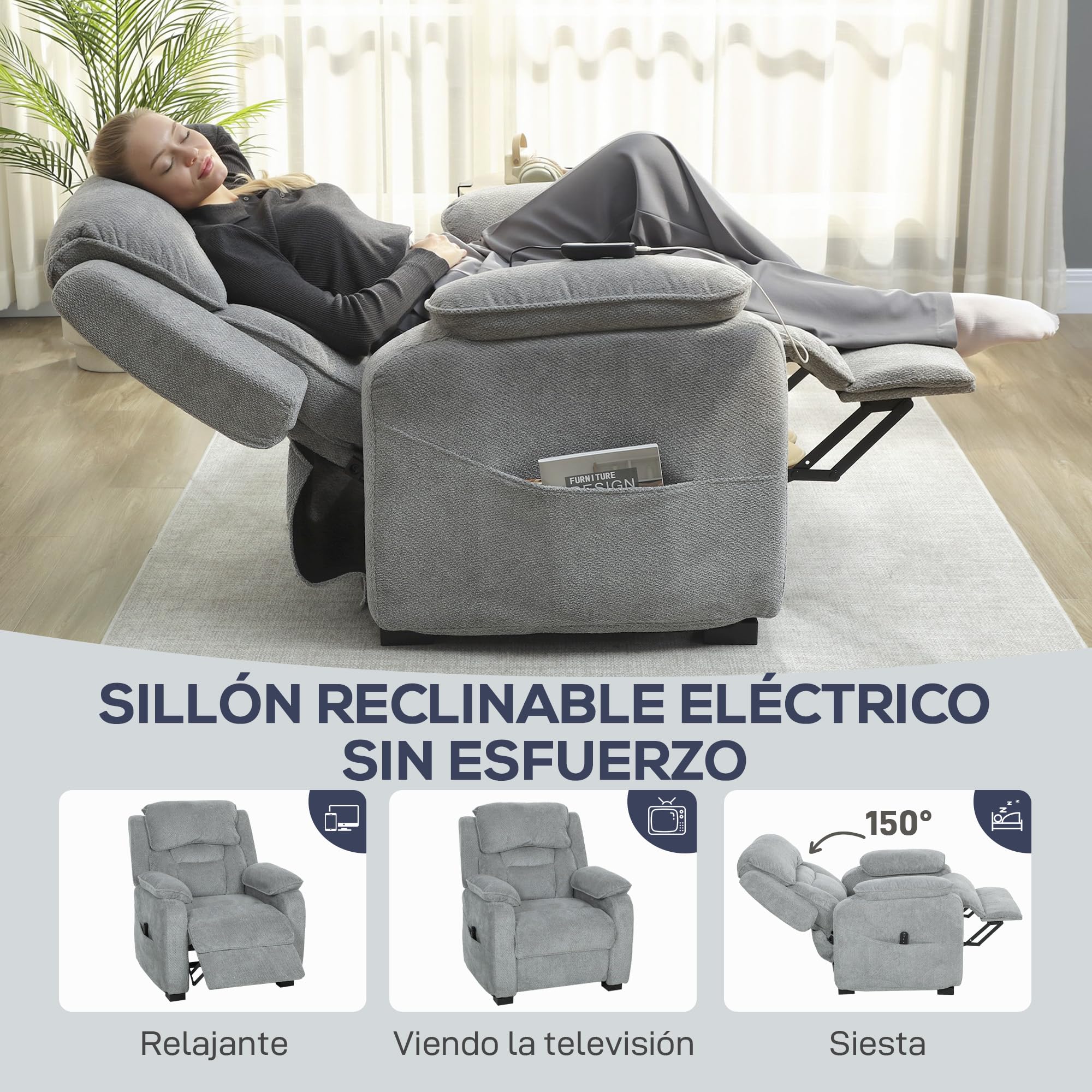 HOMCOM Sillón Relax Reclinable Eléctrico 2 Posiciones de Memoria Gris Claro
