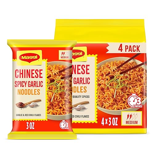 Maggi Chinese Spicy Garlic Noodles, Instant Ramen Noodles, 3 min, Vegetarian, Halal, Kosher, 4-Pack - Spicy garlic - 3.07 Ounce (Pack of 1)