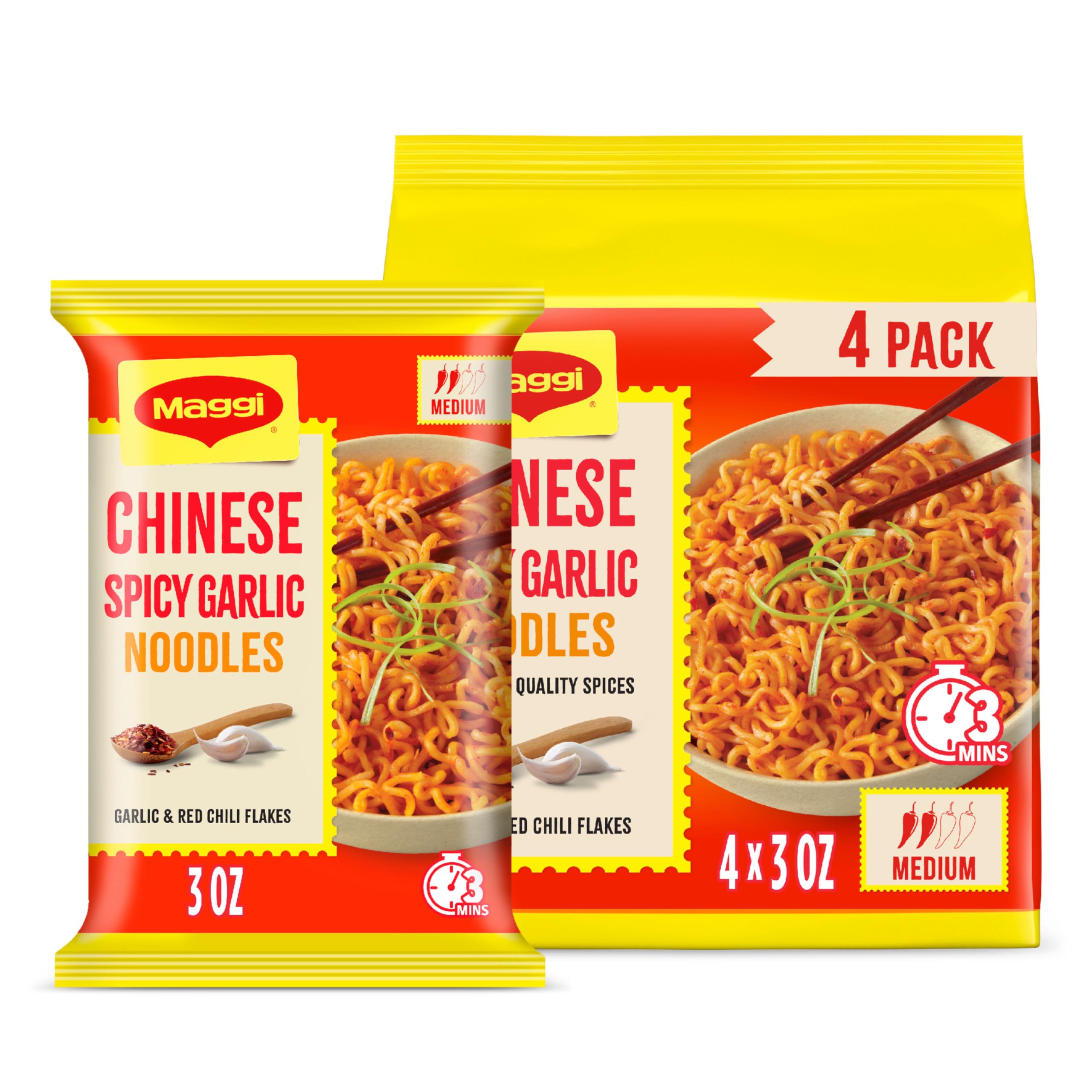 Maggi Chinese Spicy Garlic Noodles, Instant Ramen Noodles, 3 min, Vegetarian, Halal, Kosher, 4-Pack
