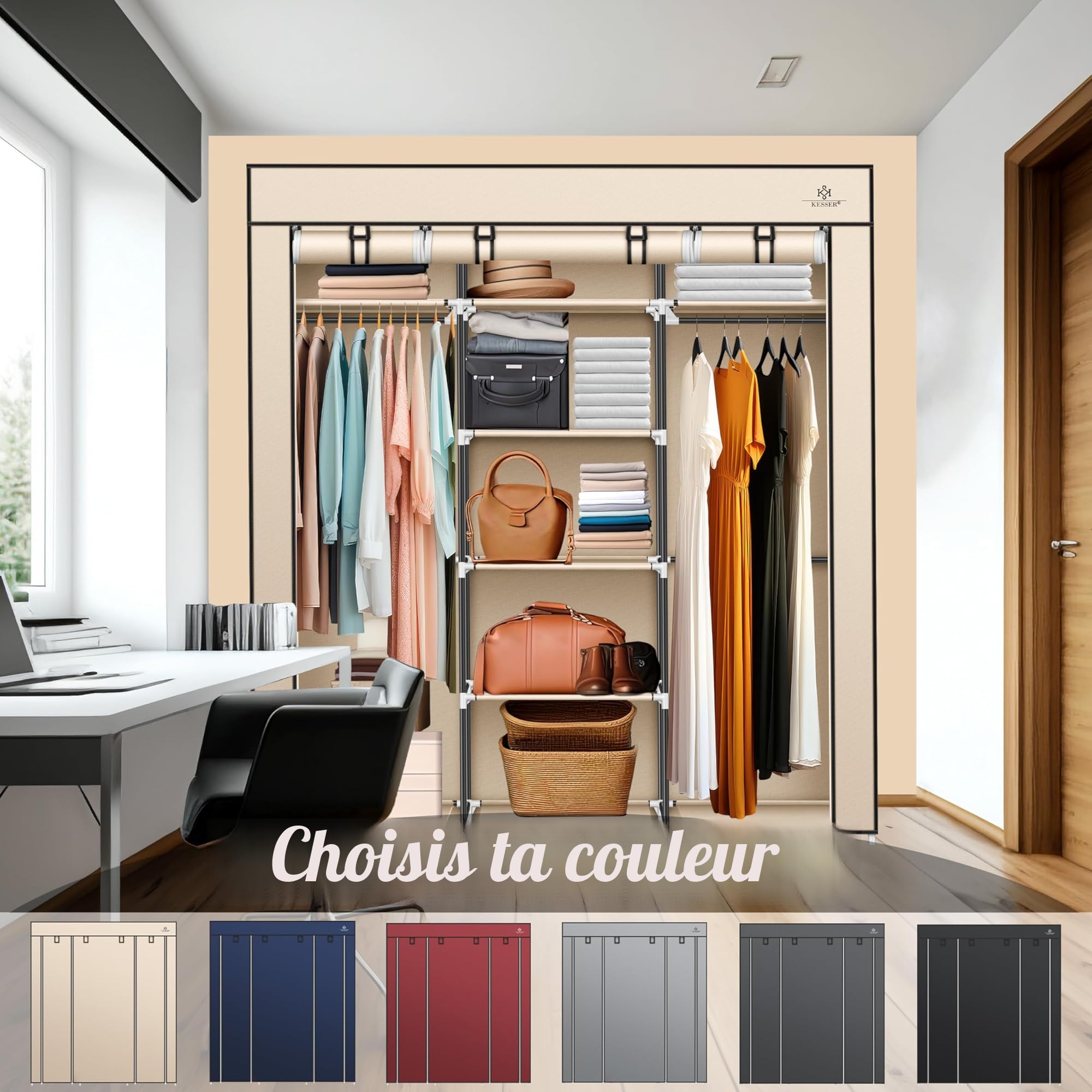 KESSER® Armoire en Tissu Solide avec Tringle à vêtements et étagères, 5 cintres Inclus, Armoire Pliante en Tissu pour Chambre à Coucher, Dressing avec Porte-Manteau 150 x 45 x 175 cm, Beige