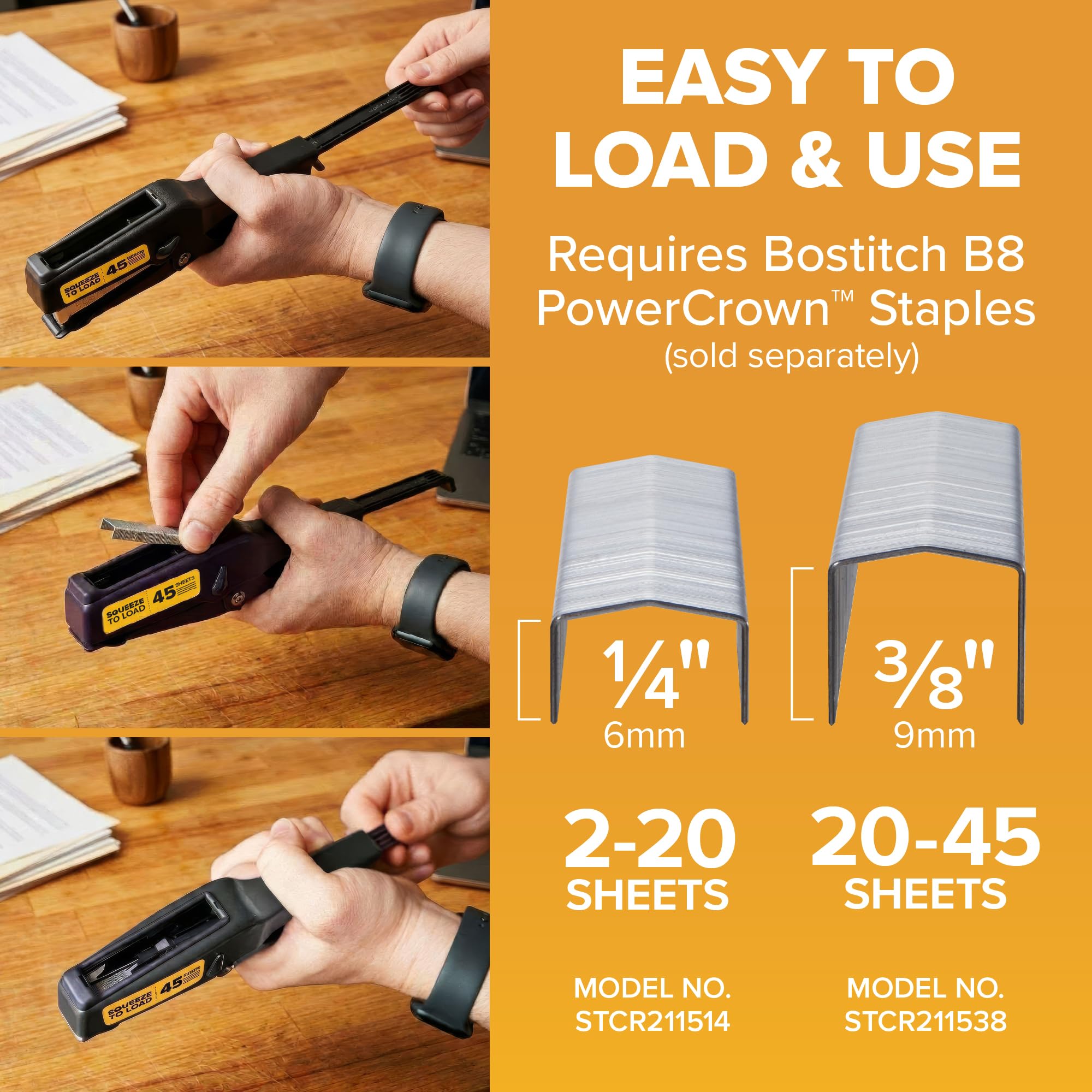 Bostitch B8 - Grapadora de alicates resistente, capacidad de 2 a 45 hojas, tecnología sin atascos, construcción totalmente metálica, capacidad de grapas 210 de tira completa, utiliza grapas B8