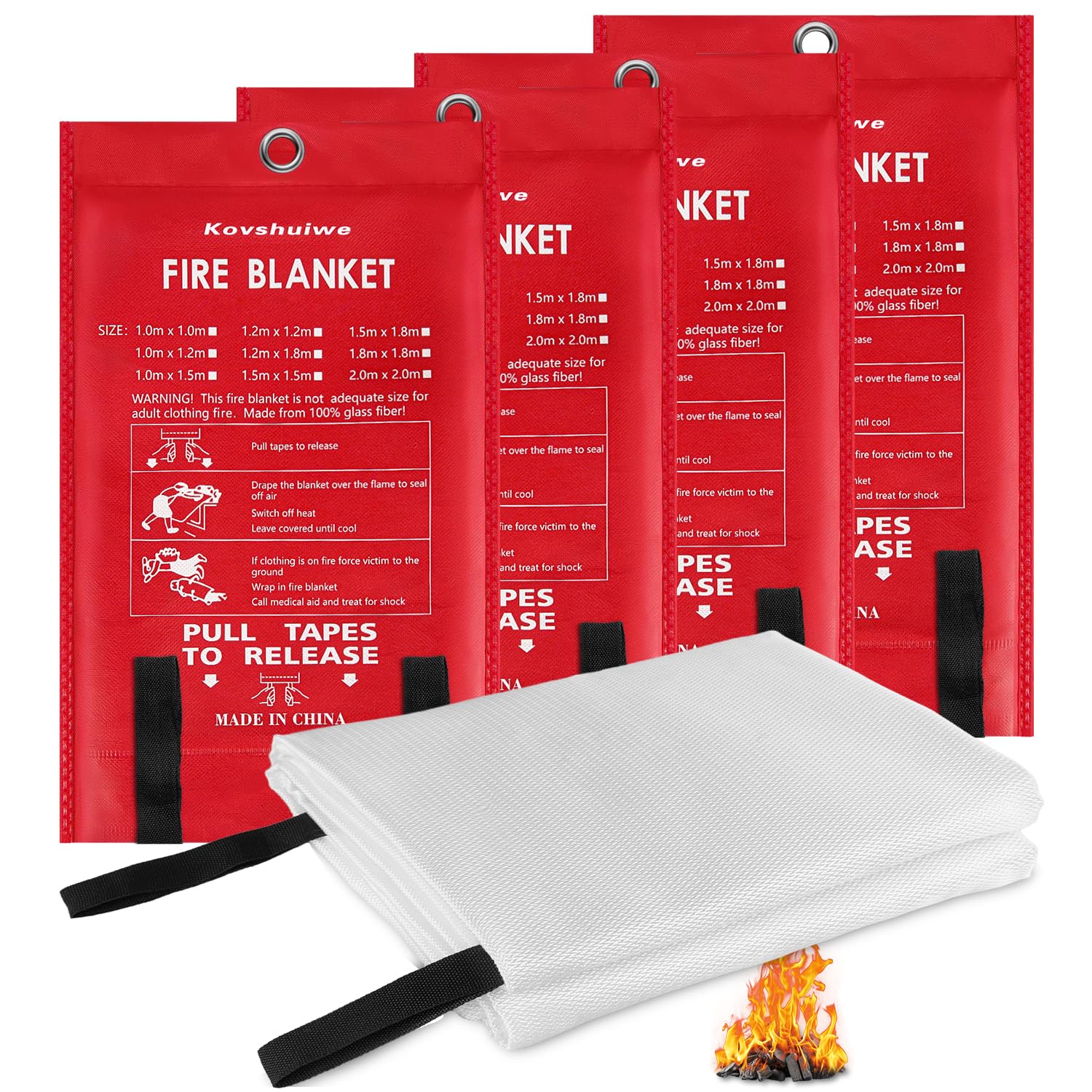 Kovshuiwe Fire Blanket for kitchen, 4pack 100x100cm Reusable Fiberglass Fire Emergency Blanket Fire Shelter Safety Cover for Kitchen, Car, Camping, Grilling, Office, Warehouse