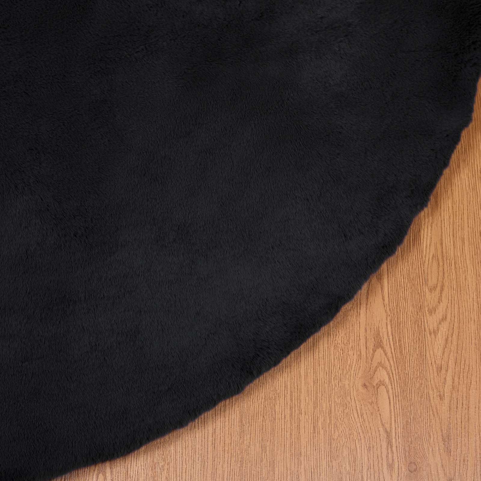 Kunstfell Teppich Rund 120x120 cm Schwarz, Weicher Fellteppich aus Polyester, Rutschfester Kuschelteppich für Wohnzimmer Schlafzimmer und Flur, Moderne Wohndeko