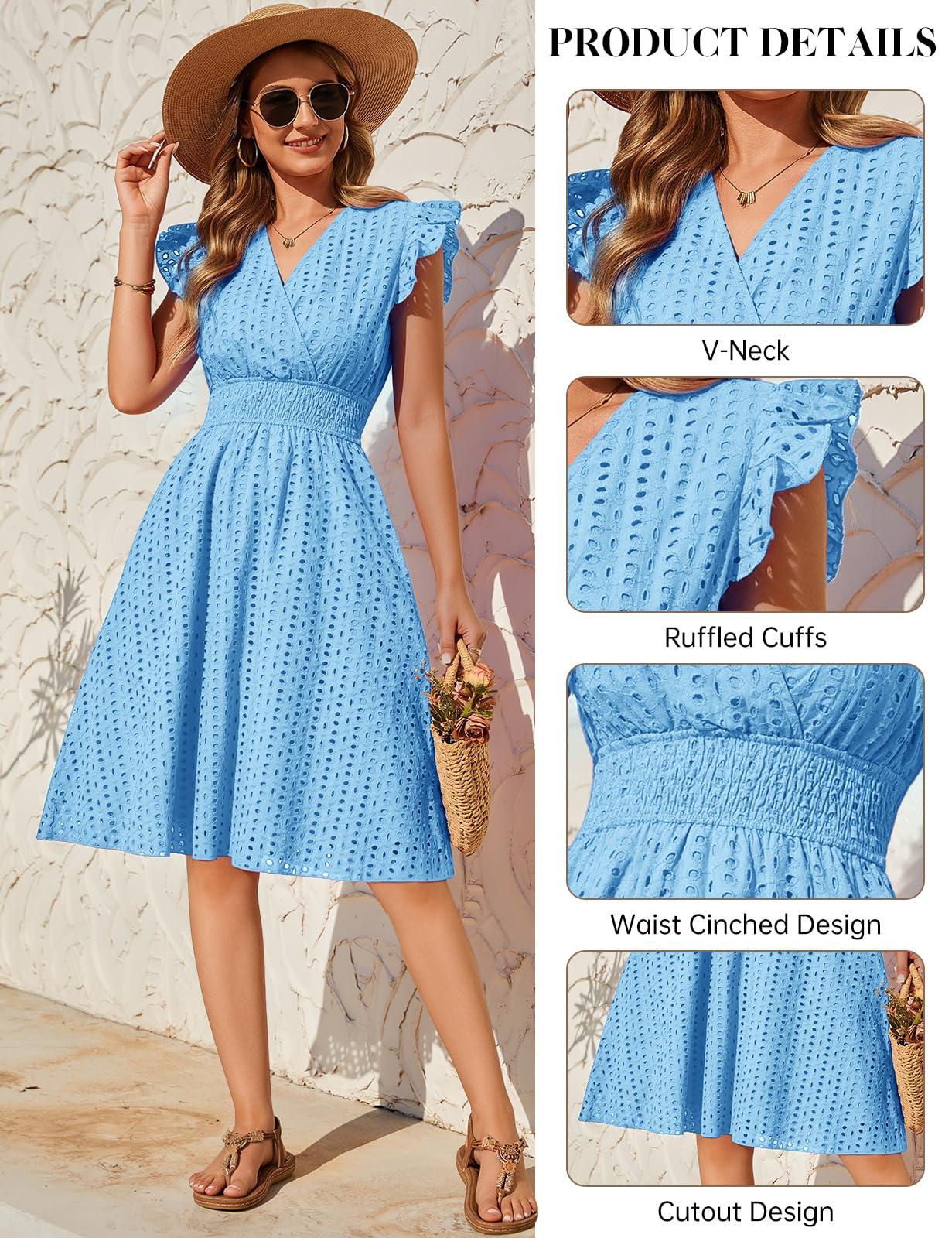 Abito Estivo Donna Scollo a V Vestito Donna Cotone Senza Maniche con Volant Elegante Vestiti Estivi Corti Jacquard Leggero Abiti Vita Alta Mare da Spiaggia con Tasche Casual Moda