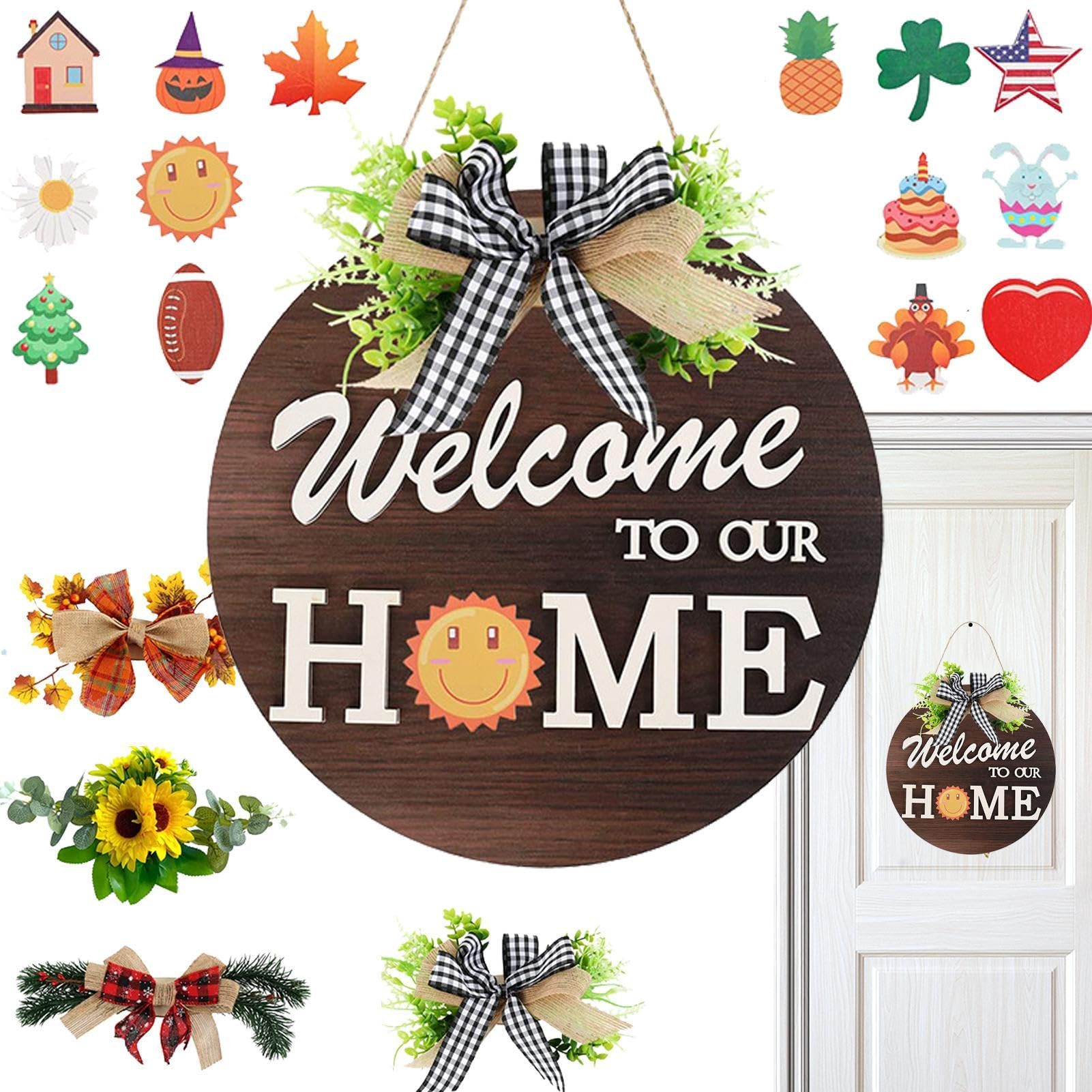 Cartel de bienvenida para la puerta de casa, cartel de bienvenida | Colgante para puerta de bienvenida a nuestro hogar | Decoración de pared moderna para puerta con símbolos intercambiables, ca