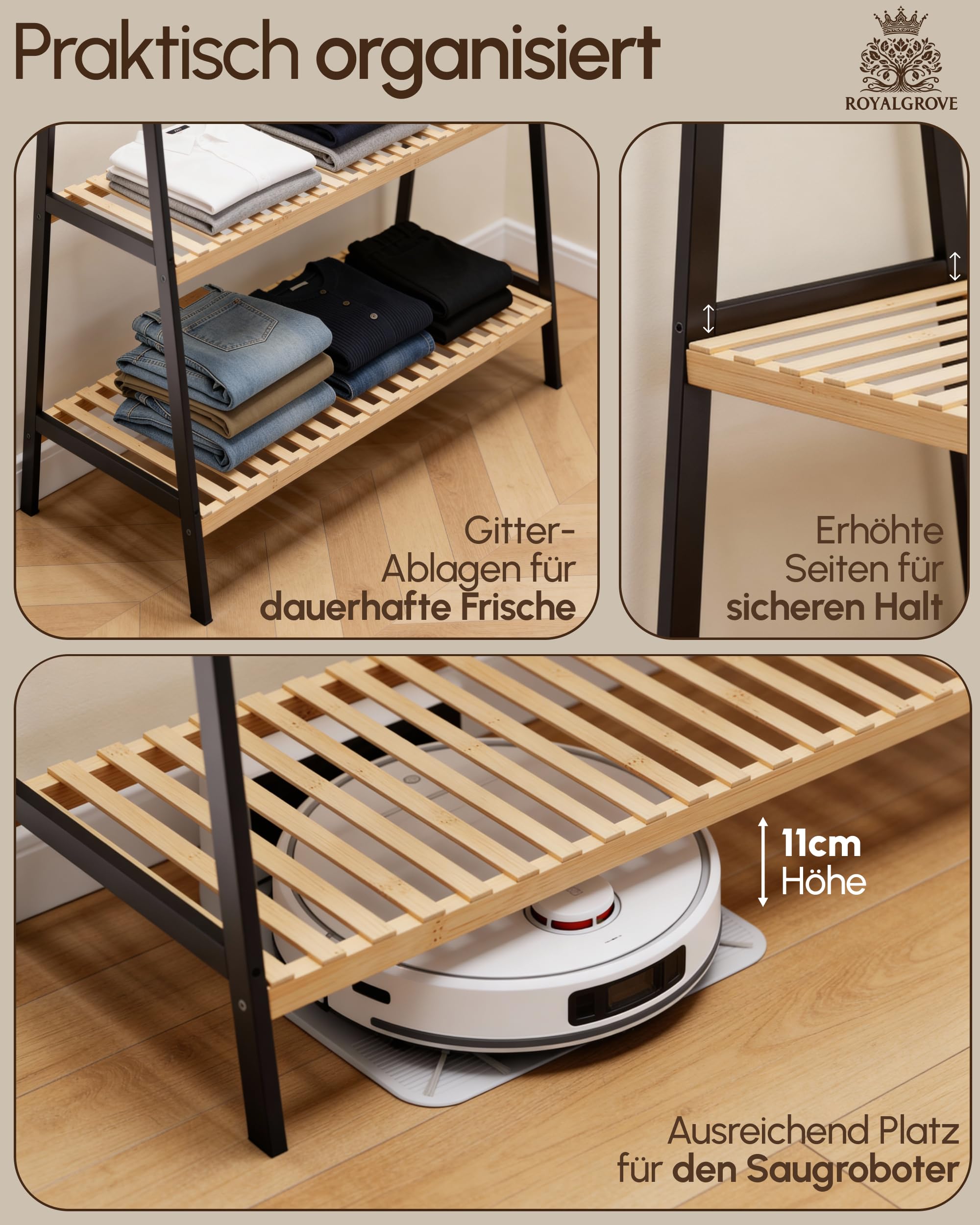 Kleiderständer mit 2 Ablagen, Bambus schwarz, Garderobenständer mit stabiler Kleiderstange, Holz Garderobe mit Schuhregal, für Flur, Schlafzimmer, offener Kleiderschrank, 160 x 80 x 44 cm