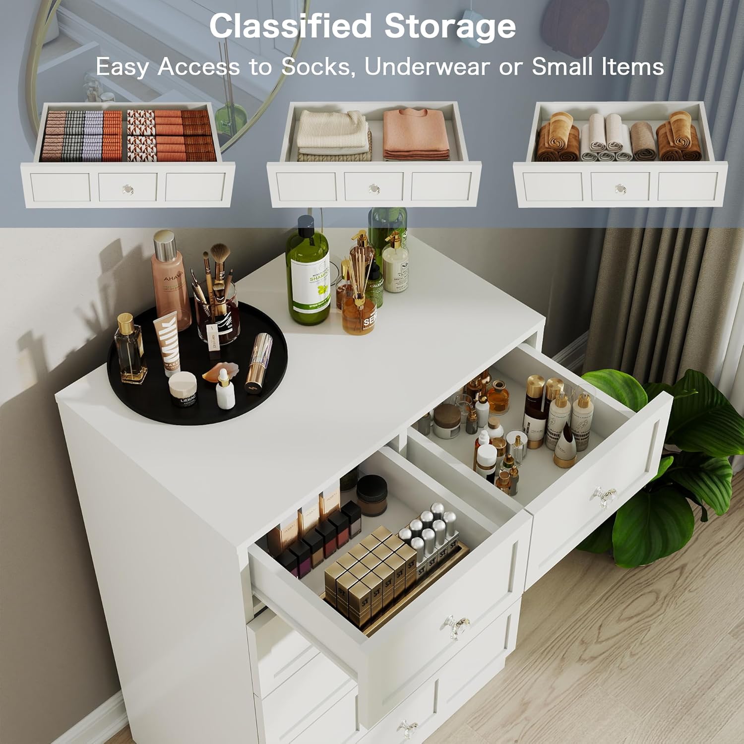 Modern Dressers for Bedroom: White Dresser 24" Wide, Wood Fluted 6 Drawer Dressers Storage Cupboard, Chest of Drawers for Living Room with Silver Handles