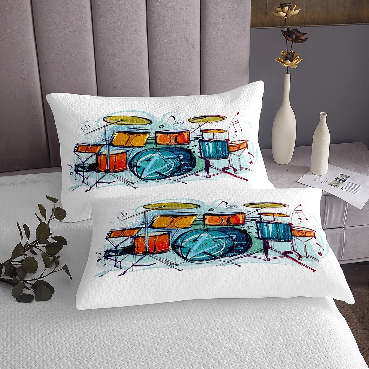 Rock Music Coverlet Set Drum Kit Copriletto per Bambini Ragazzi Ragazze Adolescenti Camera Decor Strumento Musicale Trapuntato Coperta Hip Hop Colorato Bianco Trapuntato 3Pcs260x240cm