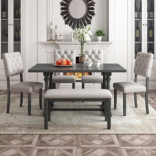 Miniatura 9 de Harper & Bright Designs Juego de mesa de comedor de madera gris de 6 piezas con banco tapizado y 4 sillas de comedor, patas de forma especial y