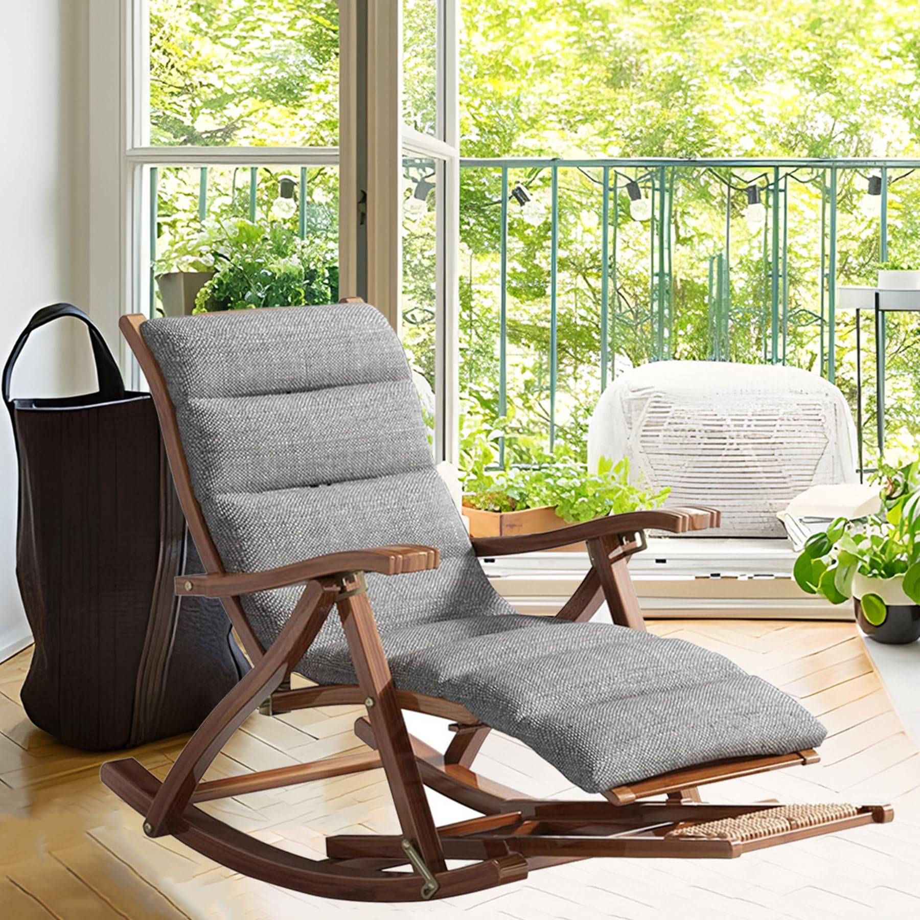 Tumbona de Madera Mecedora, Tumbona de Jardín Silla Reclinable Ajustable de 5 Posiciones con Reposapiés Extraíble, Sillón de Ocio al Aire Libre para Balcón Terraza, con Cojín