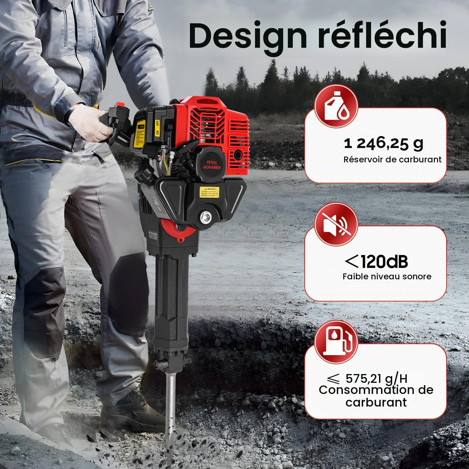 52CC Motoculteur à essence avec un moteur 2 temps, Machine de creusage d'arbre portable, Motoculteur manuel de jardin, Motoculteur d'arbre de jardin avec large pelle, pioche pointue et pioche