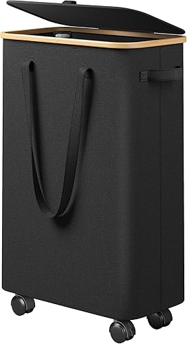 Raybee Cesta de lavandería con ruedas, cesta de lavandería delgada con tapa, cestas altas y grandes para ropa sucia con mango de bambú en la rueda,