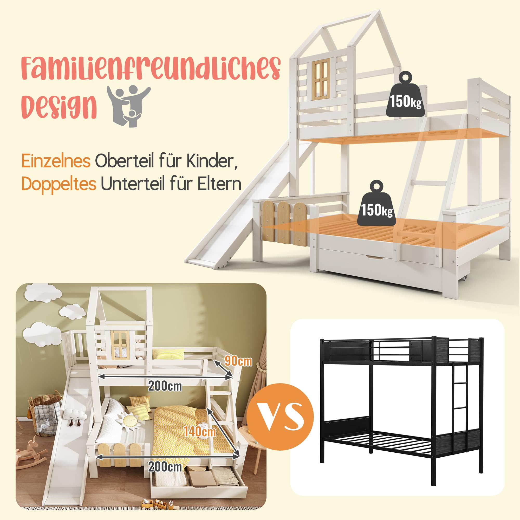 Litera 90 x 200 y 140 x 200 cm, cama con cajón tobogán y escalera, cama infantil con somier, diseño de cabaña de troncos, sin colchón, color blanco