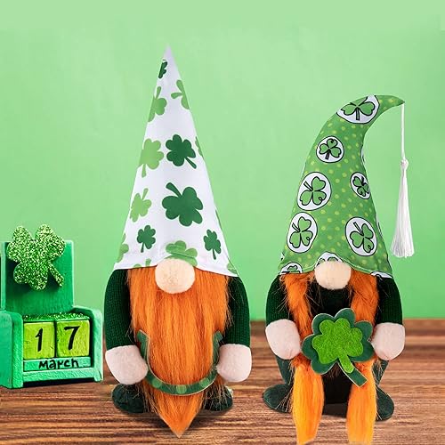 TSGEEG Decoraciones de gnomos del día de San Patricio 2 piezas de muñecas de peluche de duende irlandés hechas a mano tomte sueco para adorno de